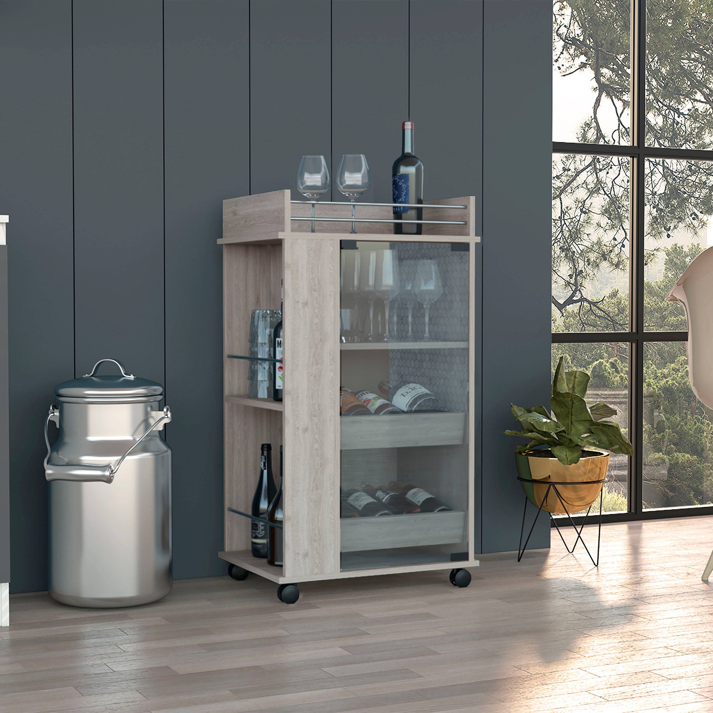 Angle. TuHome - Baltimore Bar Cart with Casters, Glass Door, 2-Side Shelf, Living Room or Bar Room - Light Gray.