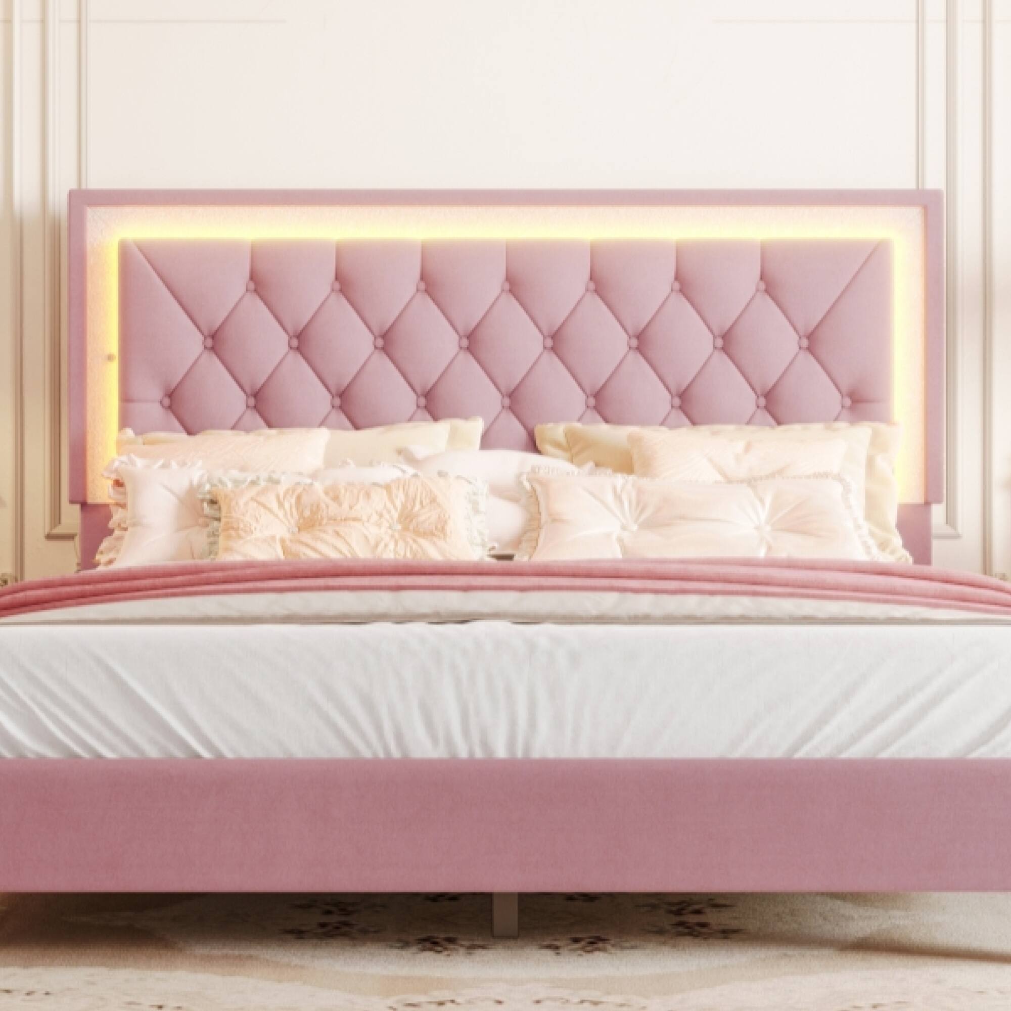 Alt View 8. GOODSILO - Elegant Velvet Upholstered Queen Bed Frame with LED Lights and Tufted Headboard - Pink.