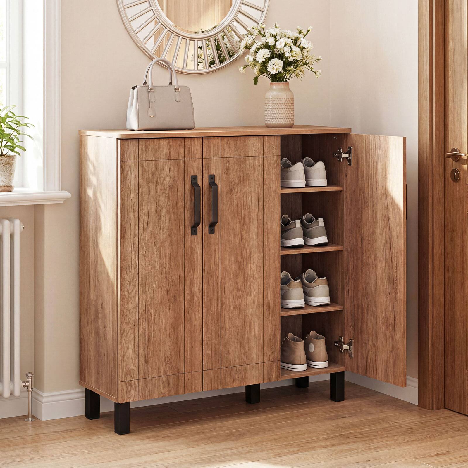 Alt View 1. Gymax - Gymax 5-Tier Shoe Storage Cabinet w/3 Doors Removable Shelves & Ventilation Hole - Brown.