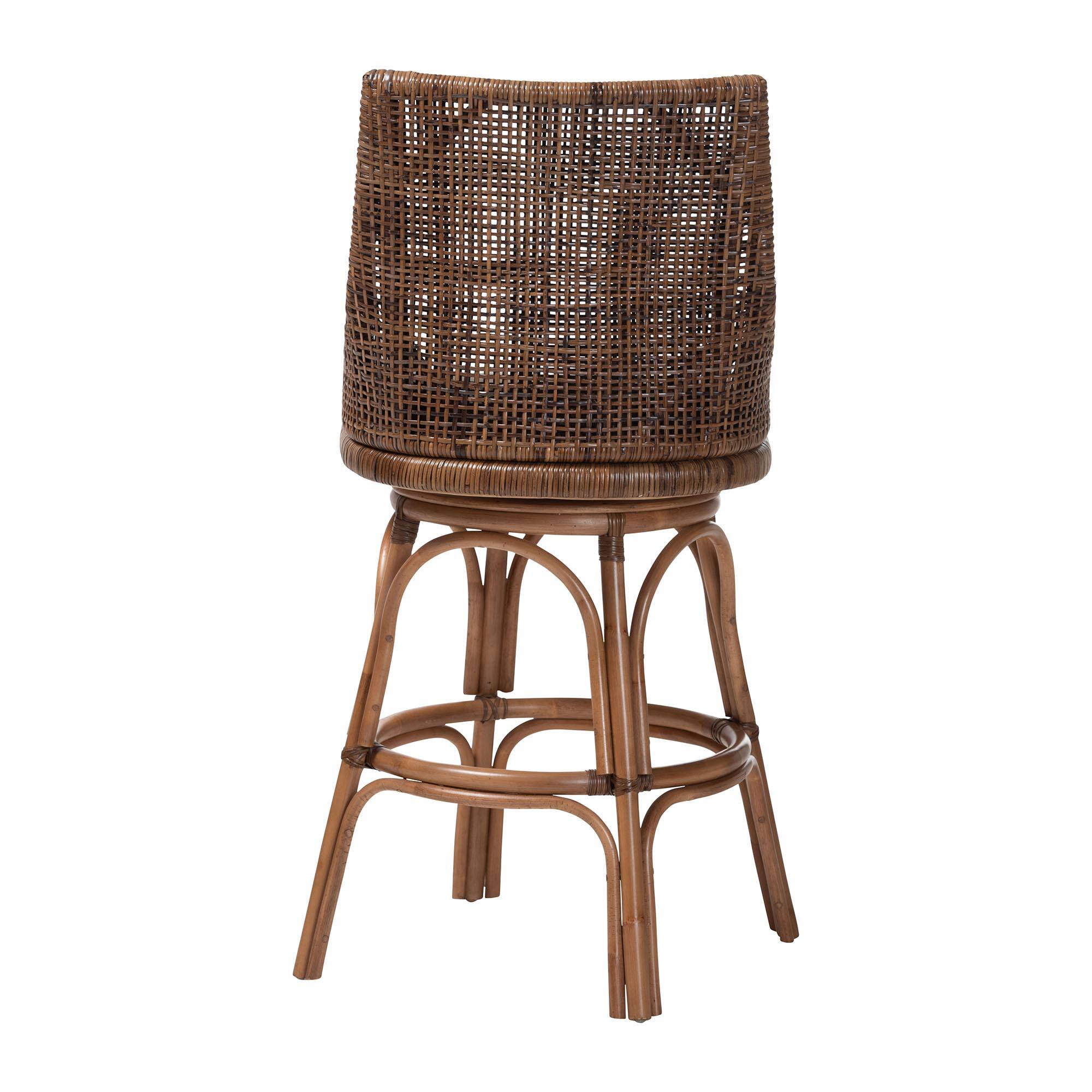 Back. bali & pari - Bella Swivel Rattan Bar Stool with Cushion - Handwoven Wicker Bar Chair with Backrest and Footrest - Coffee Bean.