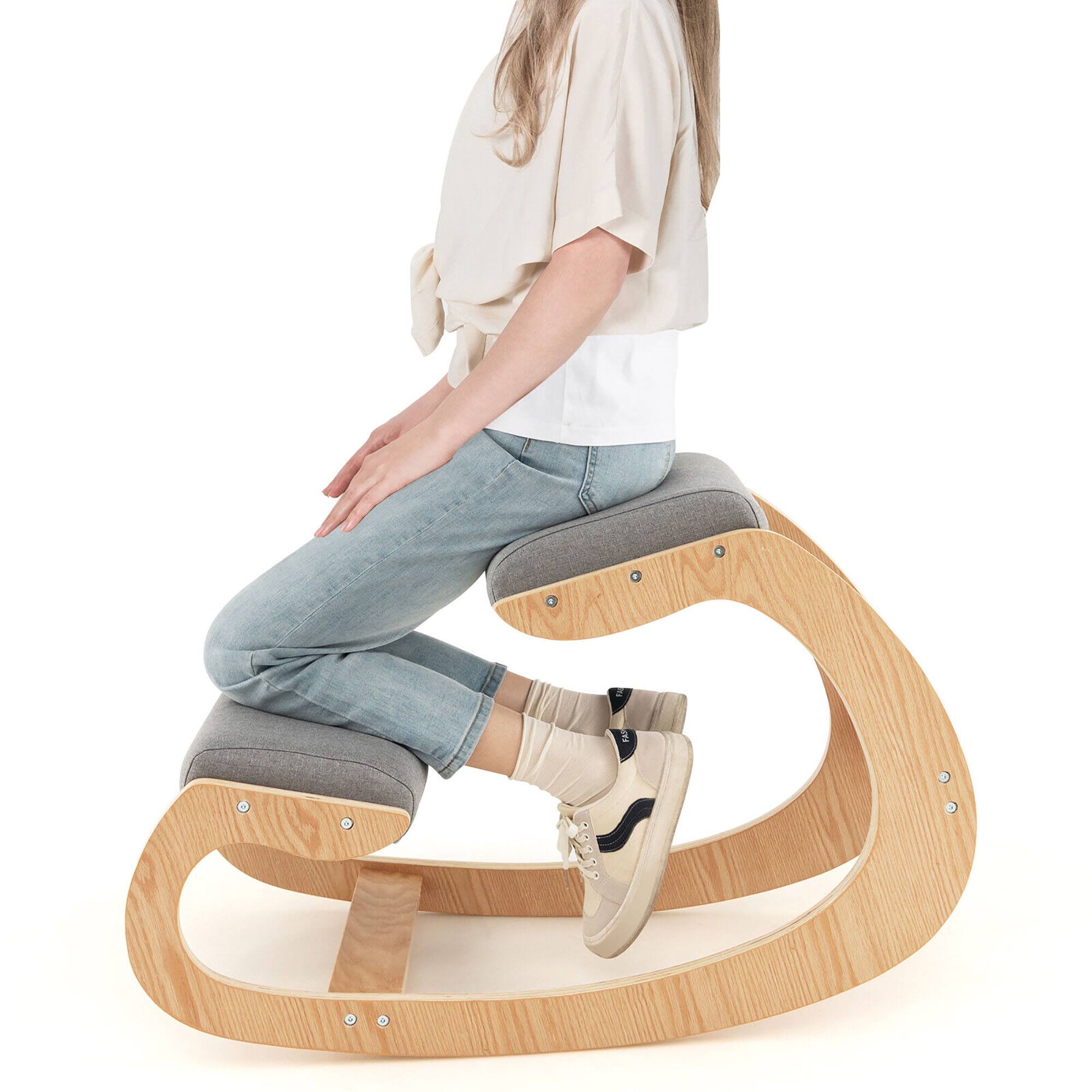 Alt View 9. Gymax - Gymax Ergonomic Kneeling Chair Wood Rocking Posture Stool w/ Cushion Back Neck Grey - Grey.