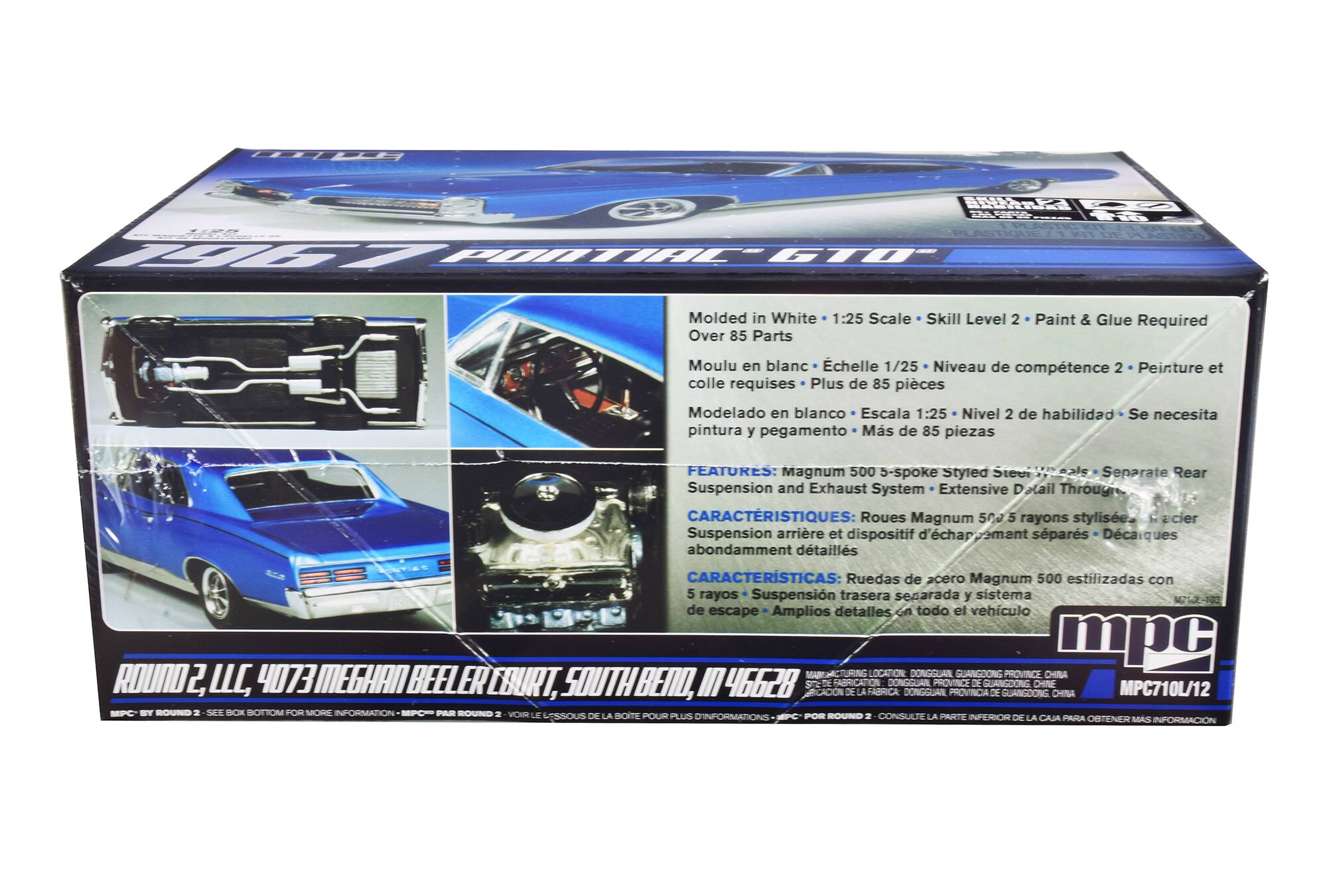 Sure, here is the corrected and grouped text from the image:

---

**1967 Pontiac GTO**

- Molded in White • 1:25 Scale • Skill Level 2 • Paint & Glue Required
- Moulu en blanc • Échelle 1/25 • Niveau de compétence 2 • Peinture et colle requises
- Modelado en blanco • Escala 1:25 • Nivel 2 de habilidad • Se necesita pintura y pegamento
- Over 85 Parts • Plus de 85 pièces

**Features:**
- Magnum 500 5-spoke Styled Steel Wheels
- Separate Rear Suspension and Exhaust System
- Extensive Detail Throughout

**Características:**
- Ruedas Magnum 500 estilizadas con 5 rayos
- Suspensión trasera separada y sistema de escape
- Detalles abundantes en todo el vehículo

**Características:**
- Ruedas de acero Magnum 500 estilizadas con 5 rayos
- Suspensión trasera separada y sistema de escape
- Amplios detalles en todo el vehículo

**Location