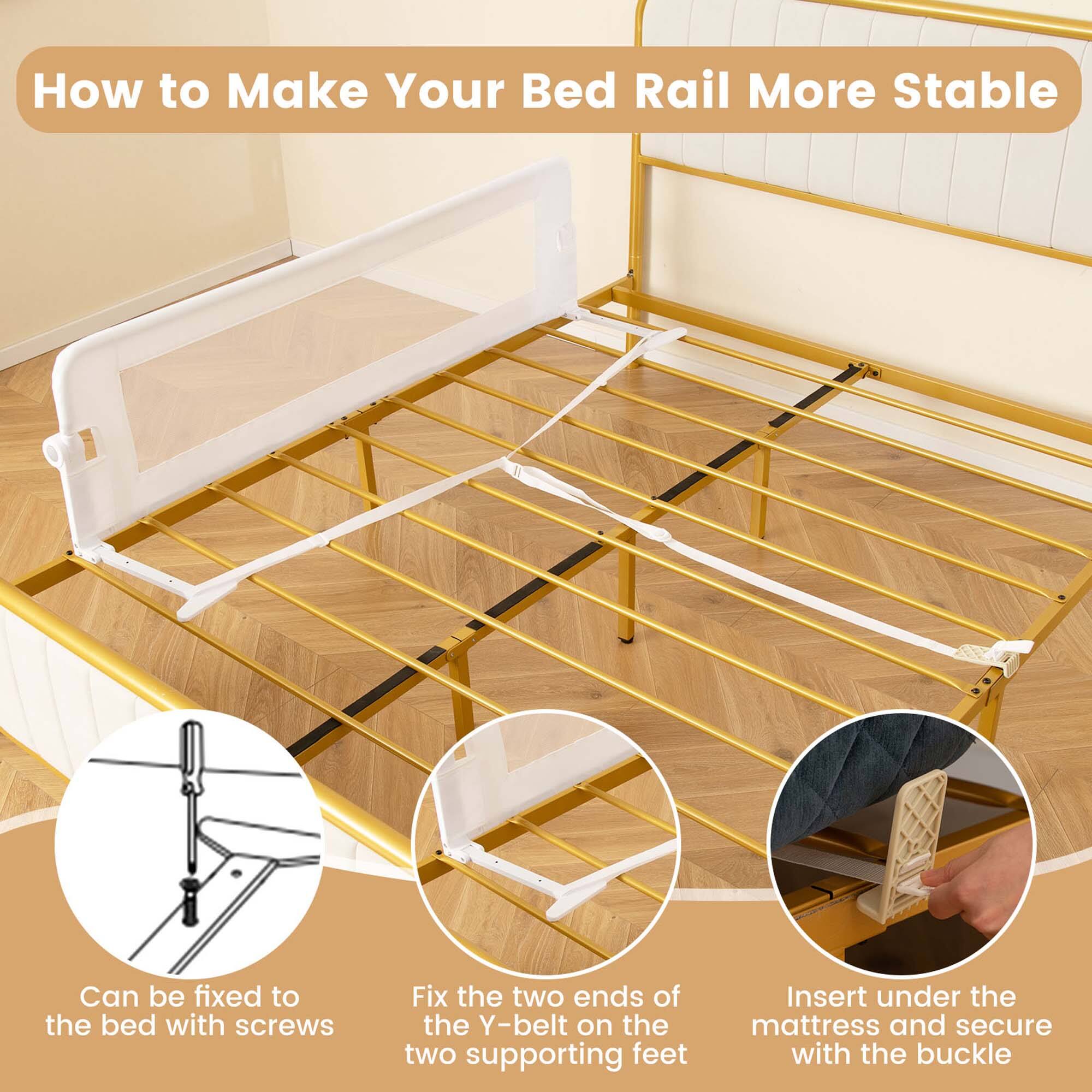 How to Make Your Bed Rail More Stable

- Can be fixed to the bed with screws
- Fix the two ends of the Y-belt on the two supporting feet
- Insert under the mattress and secure with the buckle