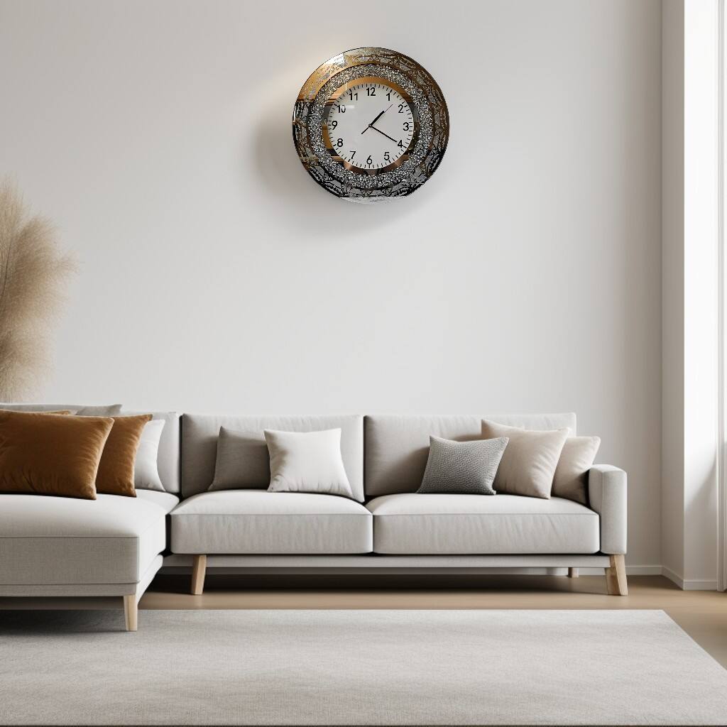 Angle. FC Design - 19"H Silver & Mirrored Ornate Glitter Accent Round Wall Clock - Multicolor.