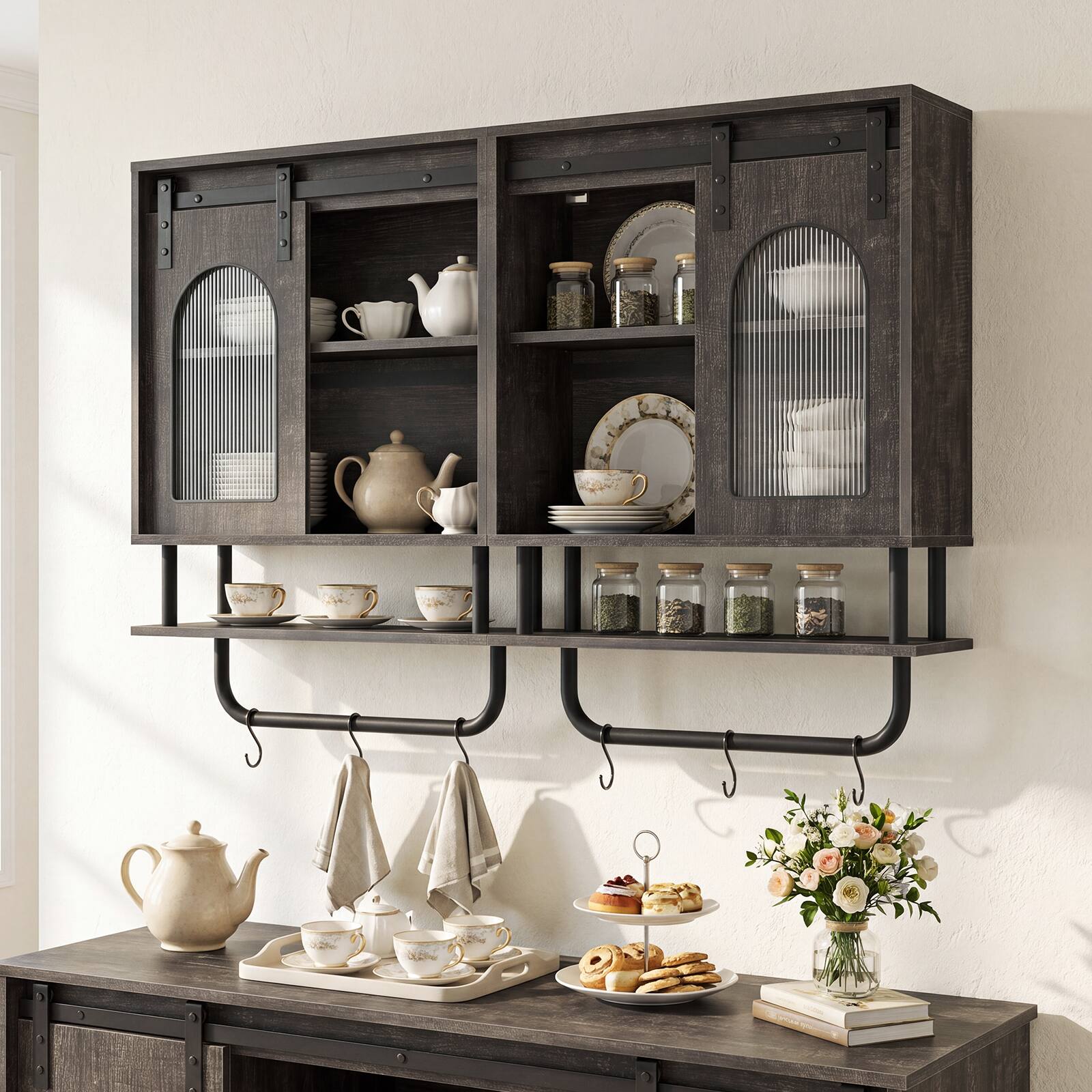 Alt View 4. Costway - Costway Bathroom Wall Cabinet with Sliding Barn Door Metal Hanging Bar 3 Hooks for Kitchen - Black Oak + Black.