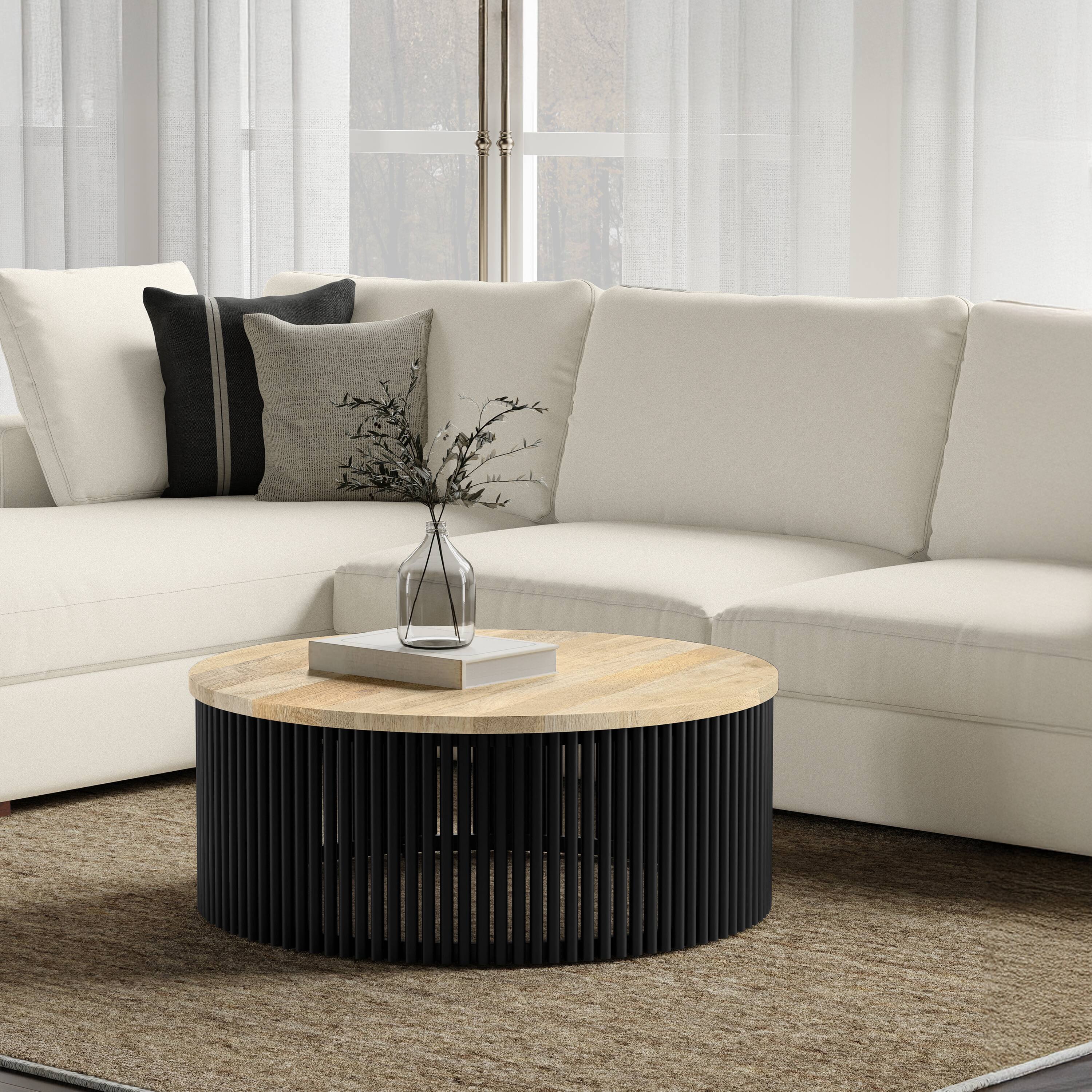 Left. Simpli Home - Demy 35 inch Wide Solid Mango Wood Coffee Table in Natural, Black - Natural, Black.