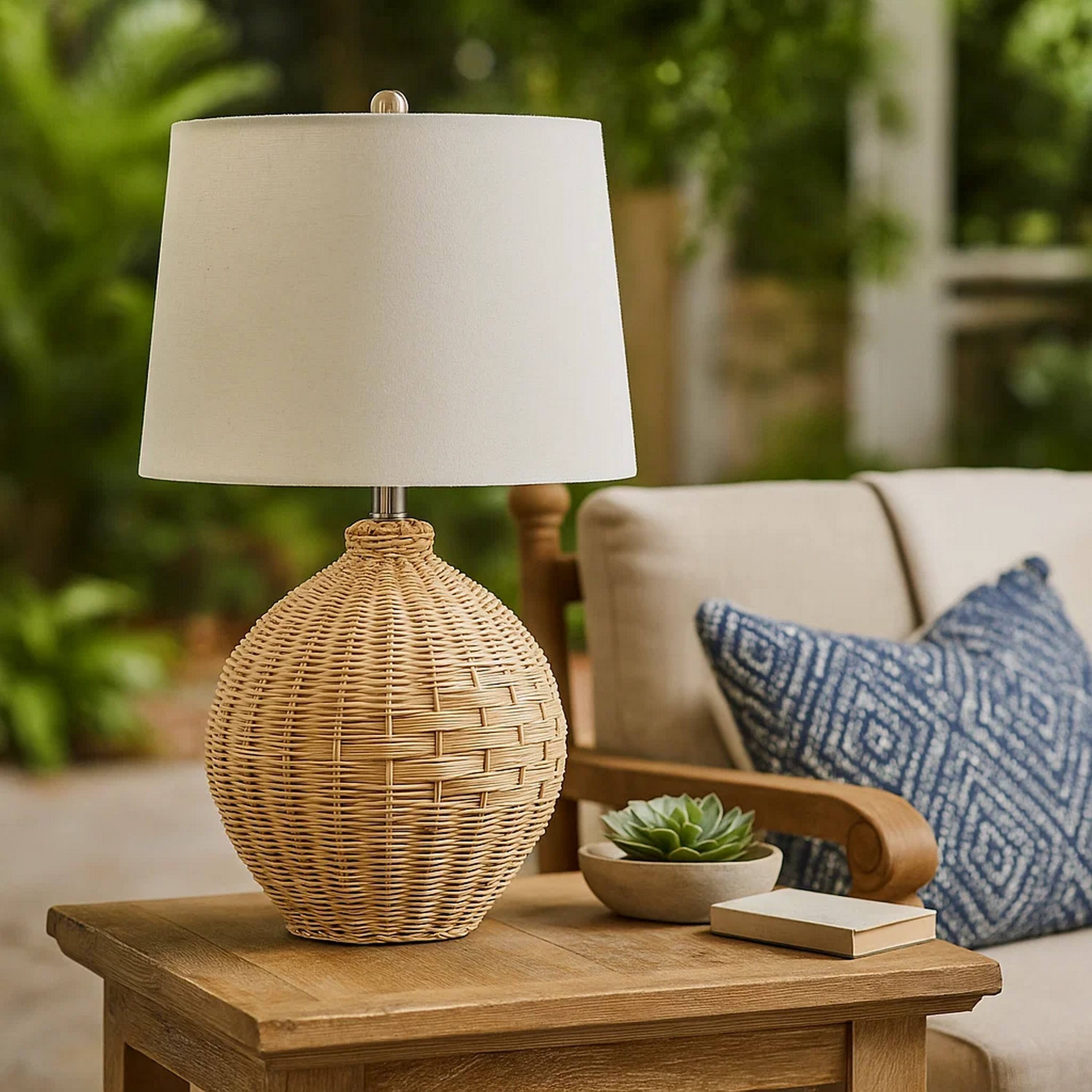 Alt View 3. Manhattan Lane - Cape 22 Inch Contemporary Rattan Table Lamp, Hand Woven, Linen Shade - Natural Brown, White.