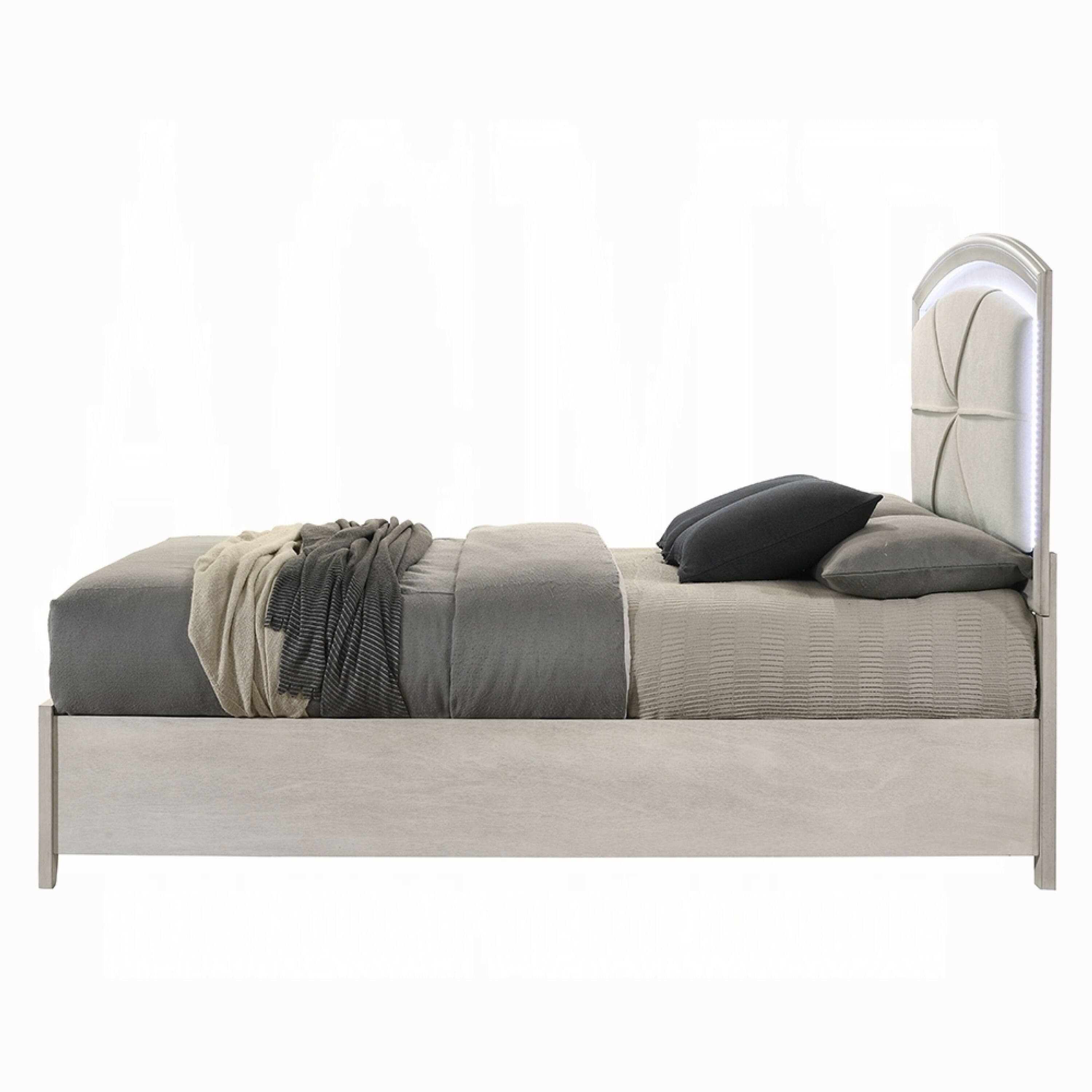 Alt View 2. Manhattan Lane - Remy Queen Size Bed with LED Headboard, 2 Bottom Drawers - Antique White.
