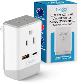 Ceptics - Australia China New Zealand Power Plug Adapter, QC 3.0 & PD - Safe Dual USB & USB-C - White
