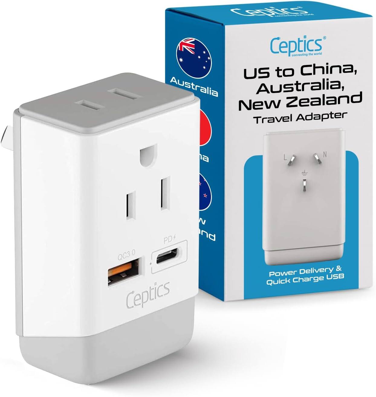 CepTics  
connecting the world  

US to China, Australia, New Zealand Travel Adapter  

Power Delivery & Quick Charge USB  

QC3.0  
PD+  

CepTics
