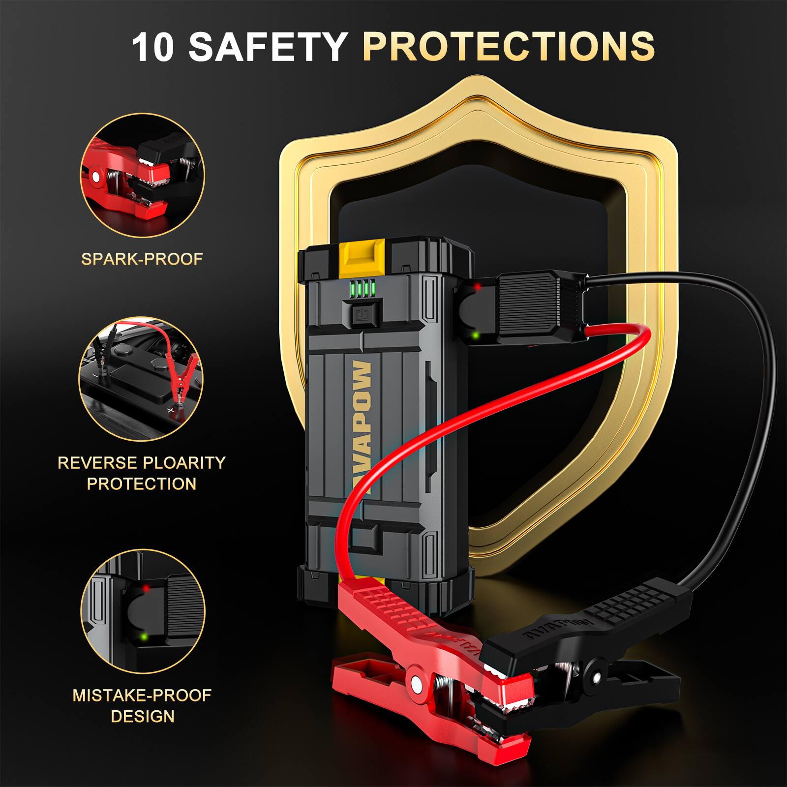 10 SAFETY PROTECTIONS

- SPARK-PROOF
- REVERSE POLARITY PROTECTION
- MISTAKE-PROOF DESIGN