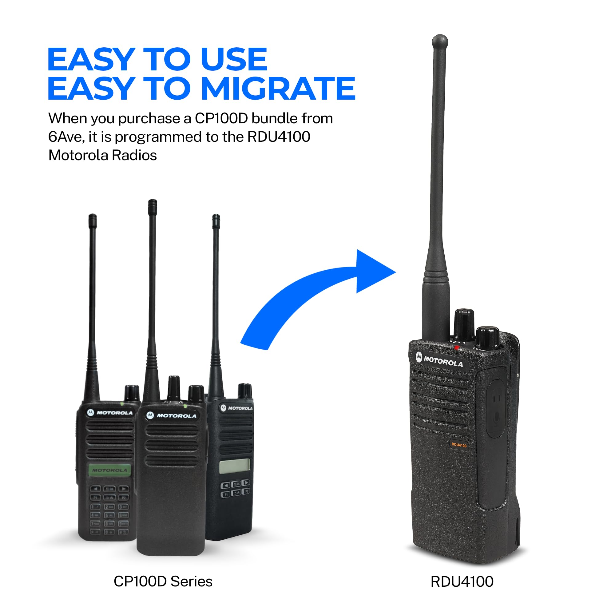 EASY TO USE  
EASY TO MIGRATE  

When you purchase a CP100D bundle from 6Ave, it is programmed to the RDU4100 Motorola Radios  

CP100D Series  
RDU4100