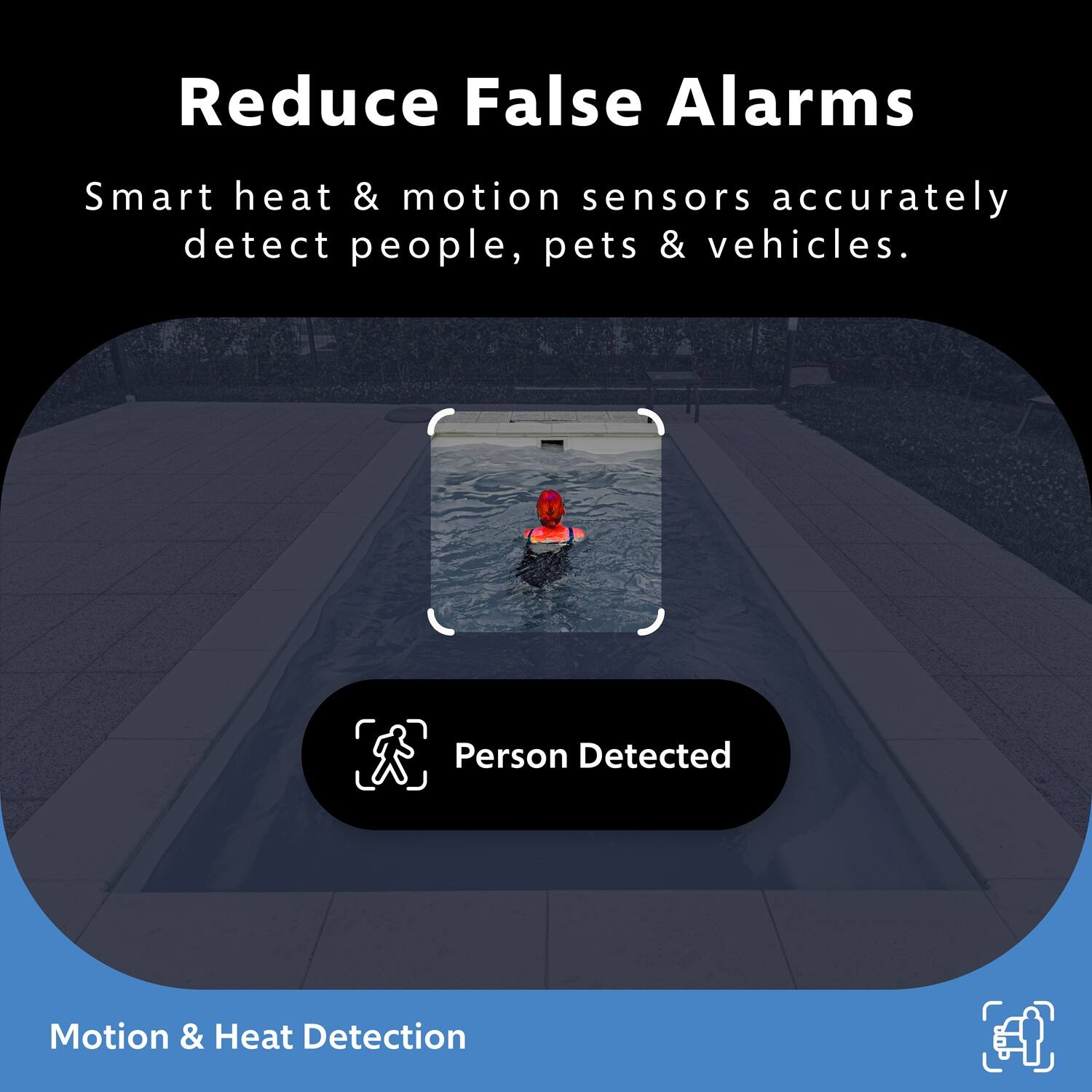 Reduce False Alarms, Smart heat & motion sensors accurately detect people, pets & vehicles. Person Detected, Motion & Heat Detection.