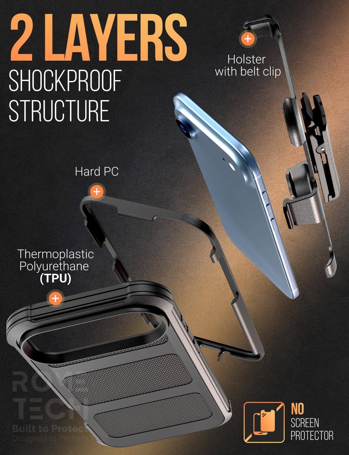 2 LAYERS  
SHOCKPROOF STRUCTURE  
Holster with belt clip  
Hard PC  
Thermoplastic Polyurethane (TPU)  
ROV TECH  
Built to Protect  
Designed to Perform  
NO SCREEN PROTECTOR