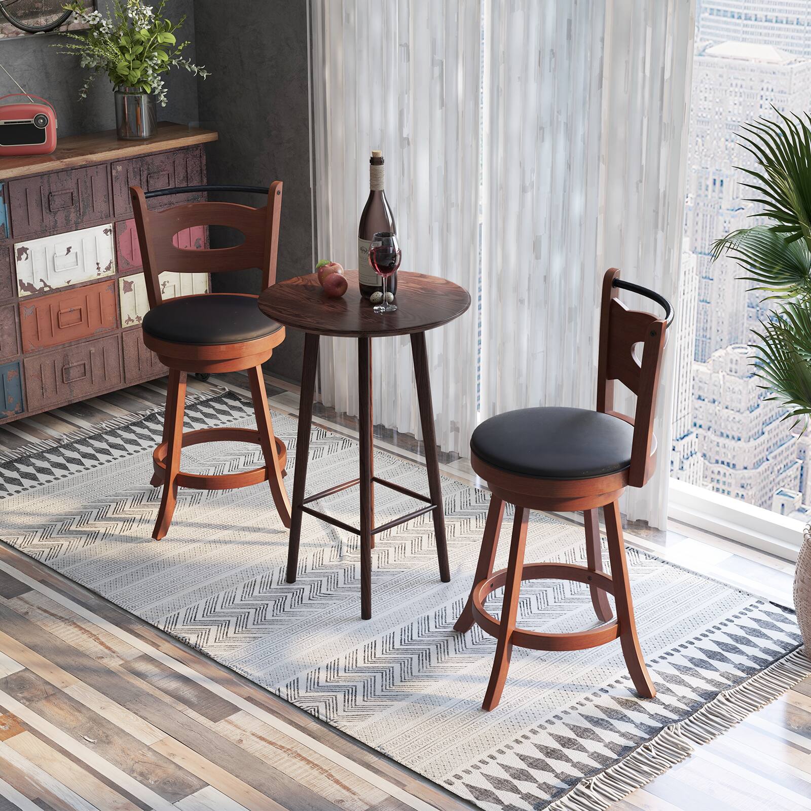 Alt View 1. Ecooso - 2 Pieces 24 inch Swivel Bar Stools with Curved Backrest and Seat Cushions - Brown.