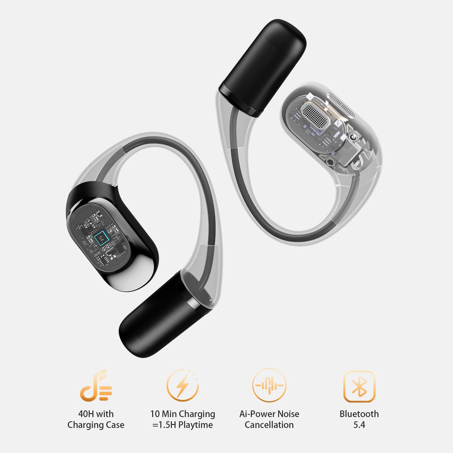 40H with Charging Case  
10 Min Charging = 1.5H Playtime  
Ai-Power Noise Cancellation  
Bluetooth 5.4