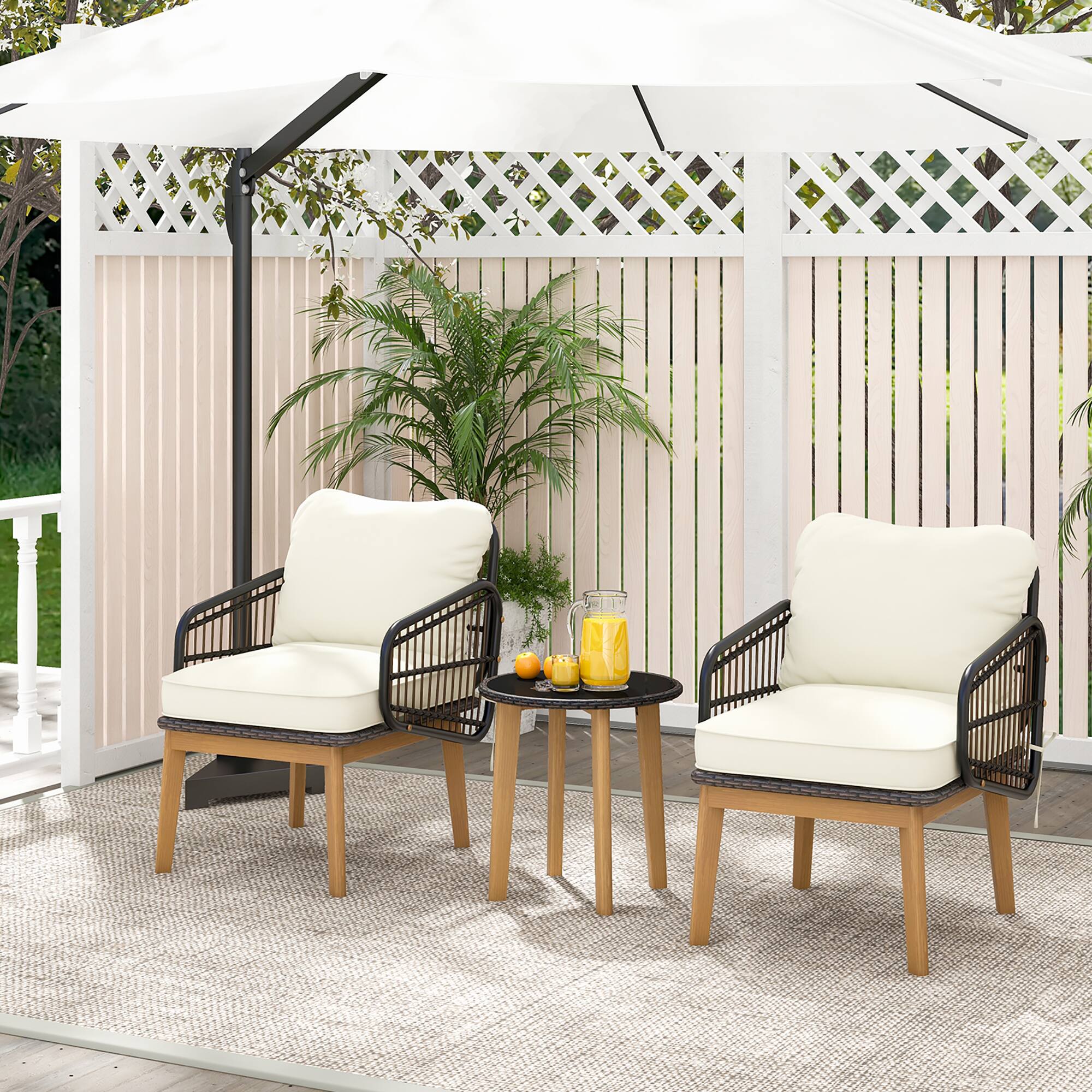 Alt View 3. Gymax - Gymax 3 Piece Patio Chair Set Wicker Chair & Side Table Set w/ Soft Cushions & Tempered Glass Tabletop - Mix Brown, White.