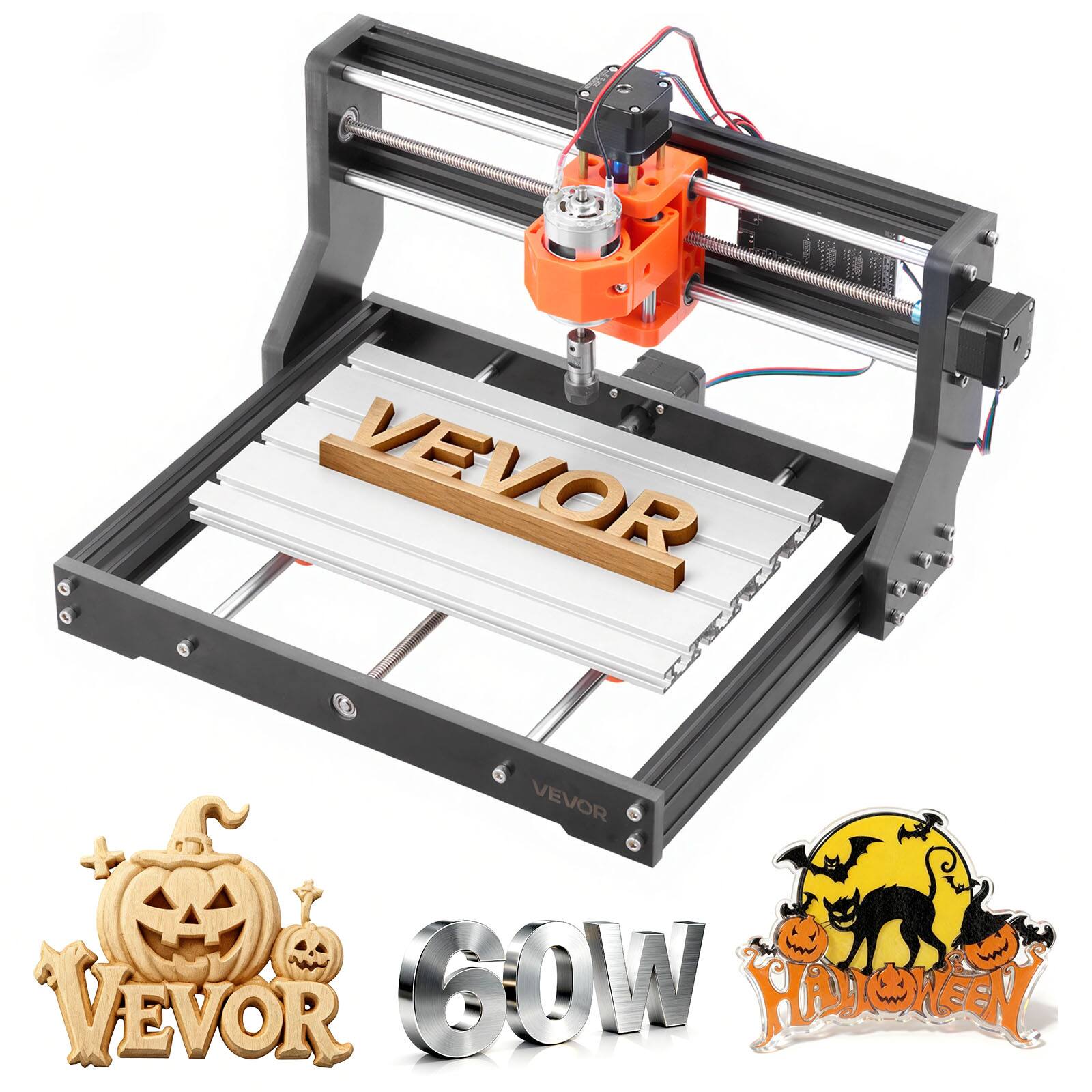 VEVOR - 3018 CNC Router Machine, 60W Spindle, 3-Axis Wood Engraving Milling Machine, with 300 x 180 x 40 mm Working Area - Orange + Black
