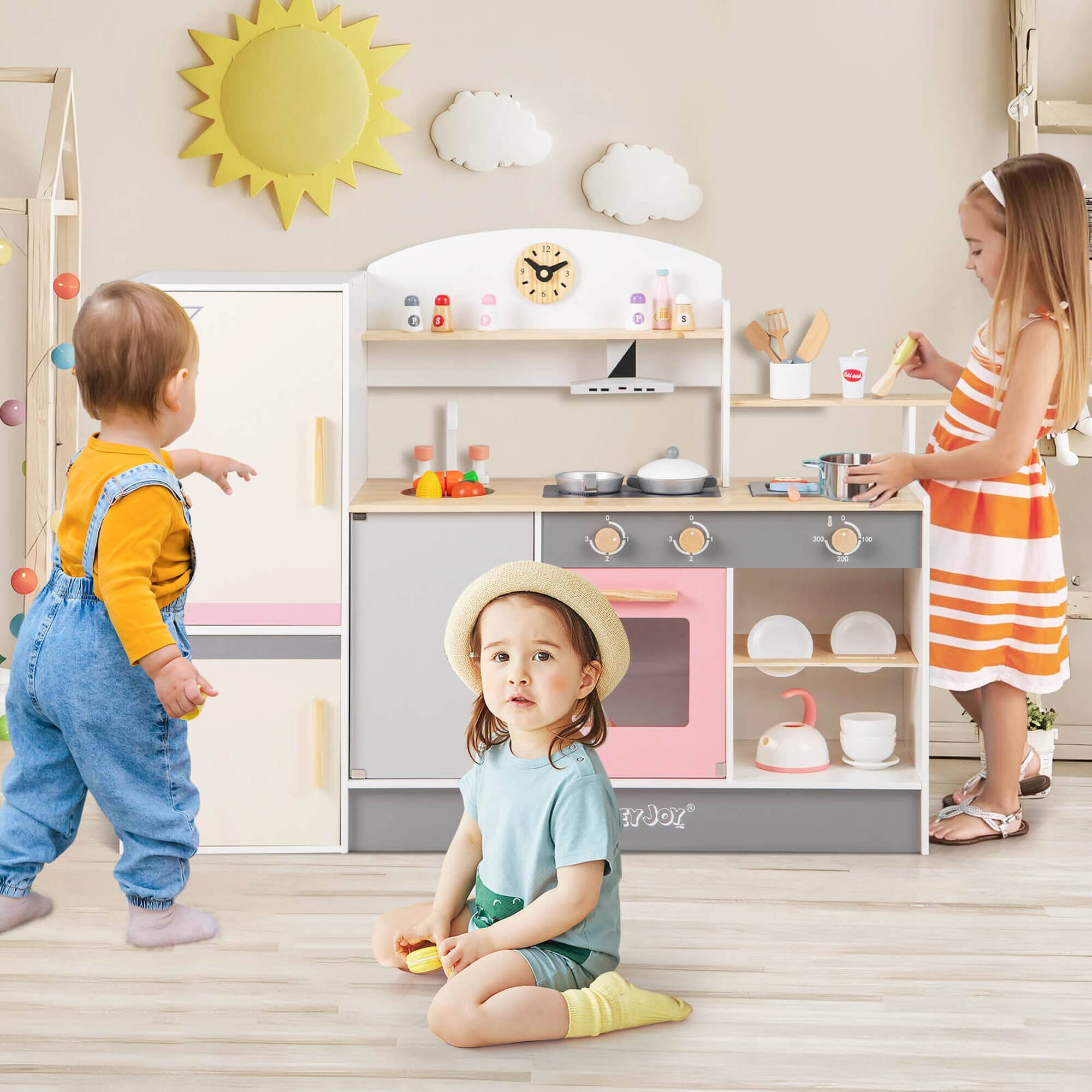 Alt View 1. Costway - Costway Kids Chef Play Kitchen Set Toddlers Wooden Pretend Toy Playset with Range Hood - Multicolour.