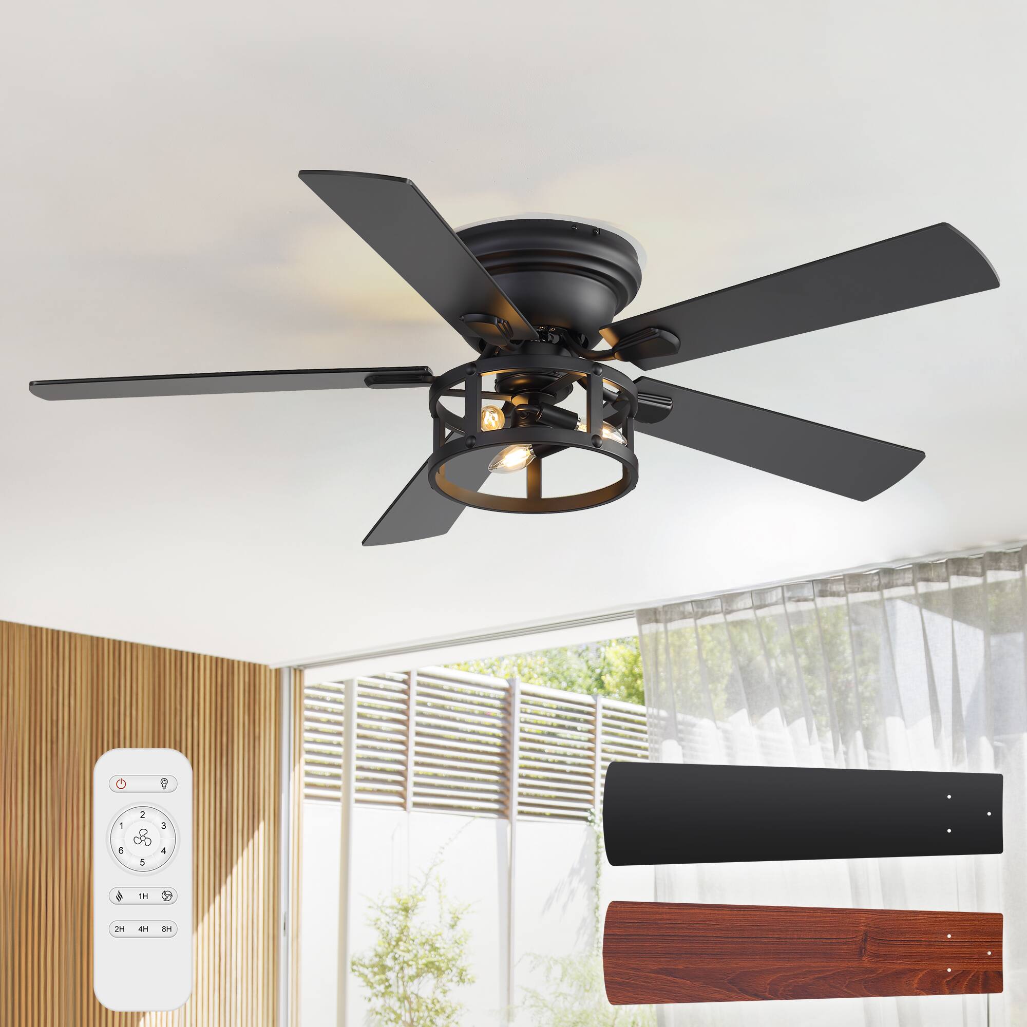 Alt View 9. Breezary - 52-Inch Surface Mounted Ceiling Fan with Open Frame Light, E12 Bulbs, DC Motor, Remote, 6 Speeds, Timer - Black & Walnut.