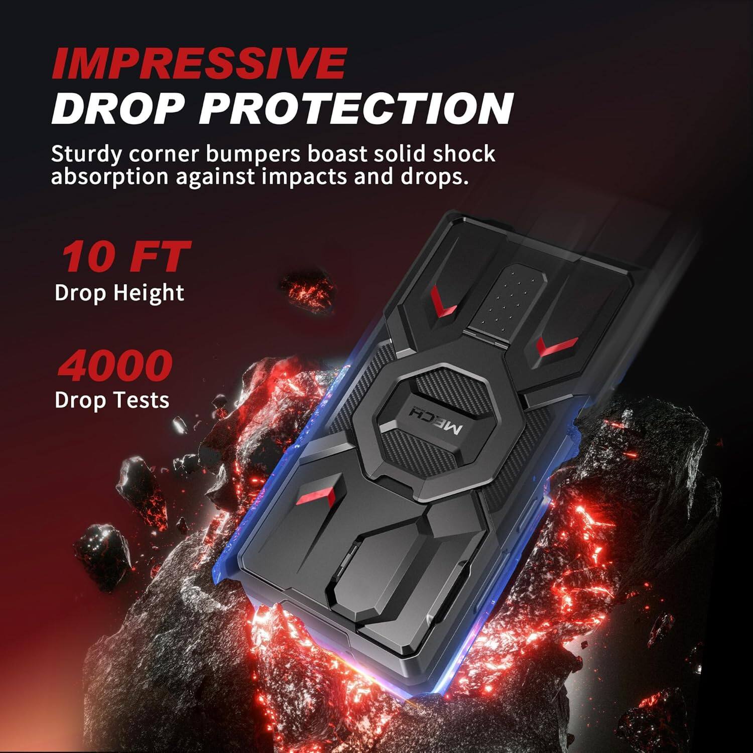 IMPRESSION  
DROP PROTECTION  
Sturdy corner bumpers boast solid shock absorption against impacts and drops.  

10 FT  
Drop Height  

4000  
Drop Tests