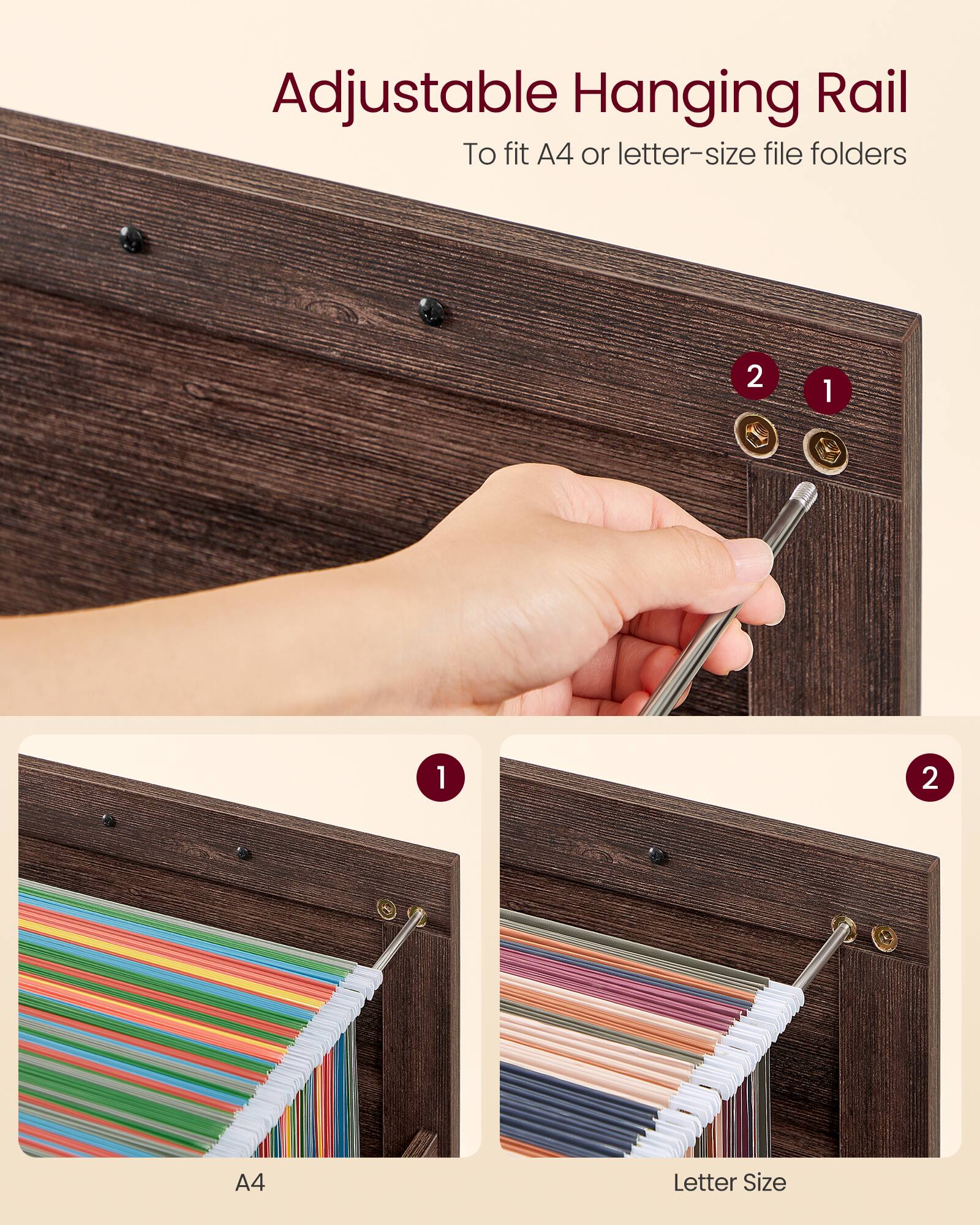 Adjustable Hanging Rail  
To fit A4 or letter-size file folders  

1.  
2.  

A4  
Letter Size