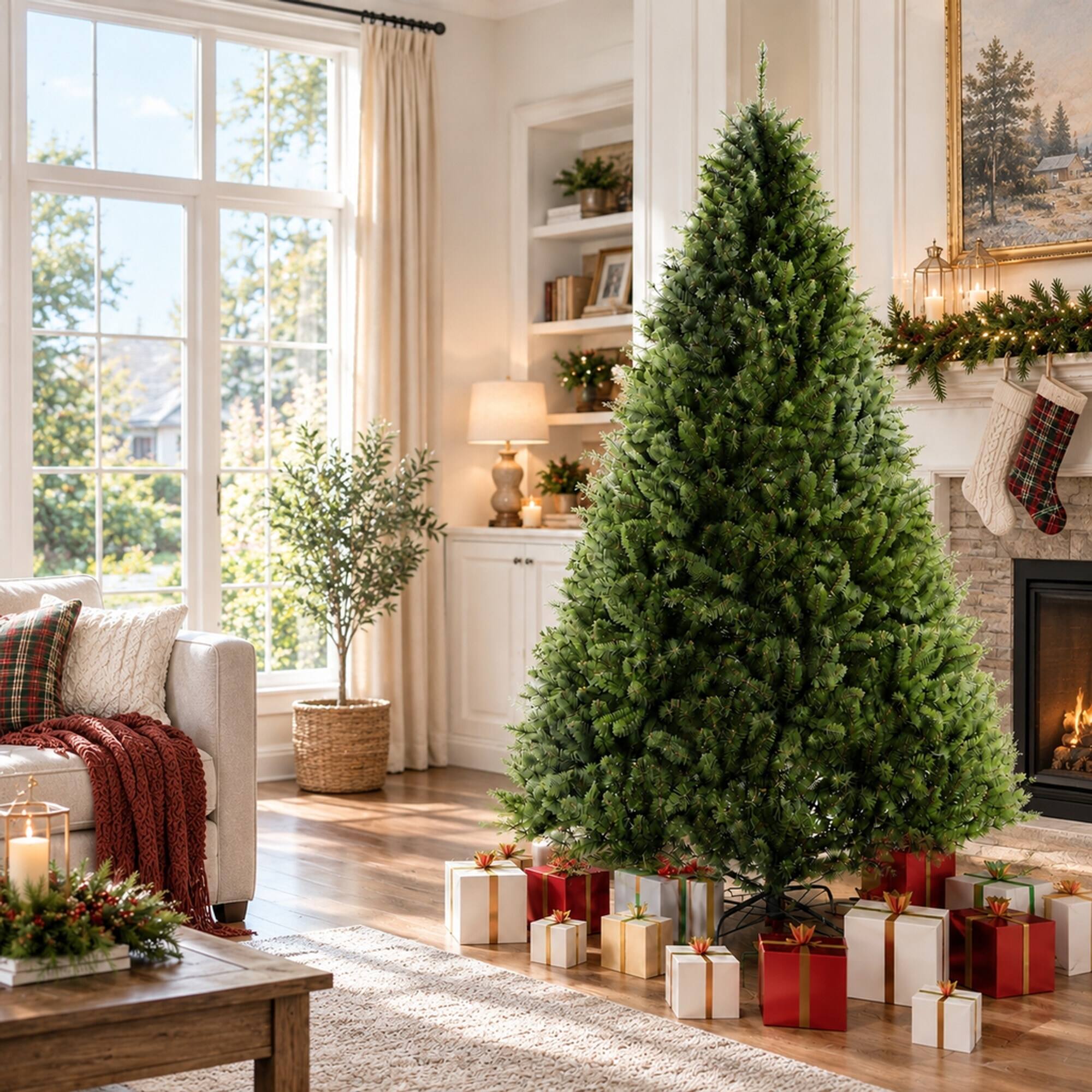 Back. RYHNUYNE - 7.5FT Artificial Christmas Tree With 2070 Tips and Metal Hinges, Green Foldable Base - Army Green.
