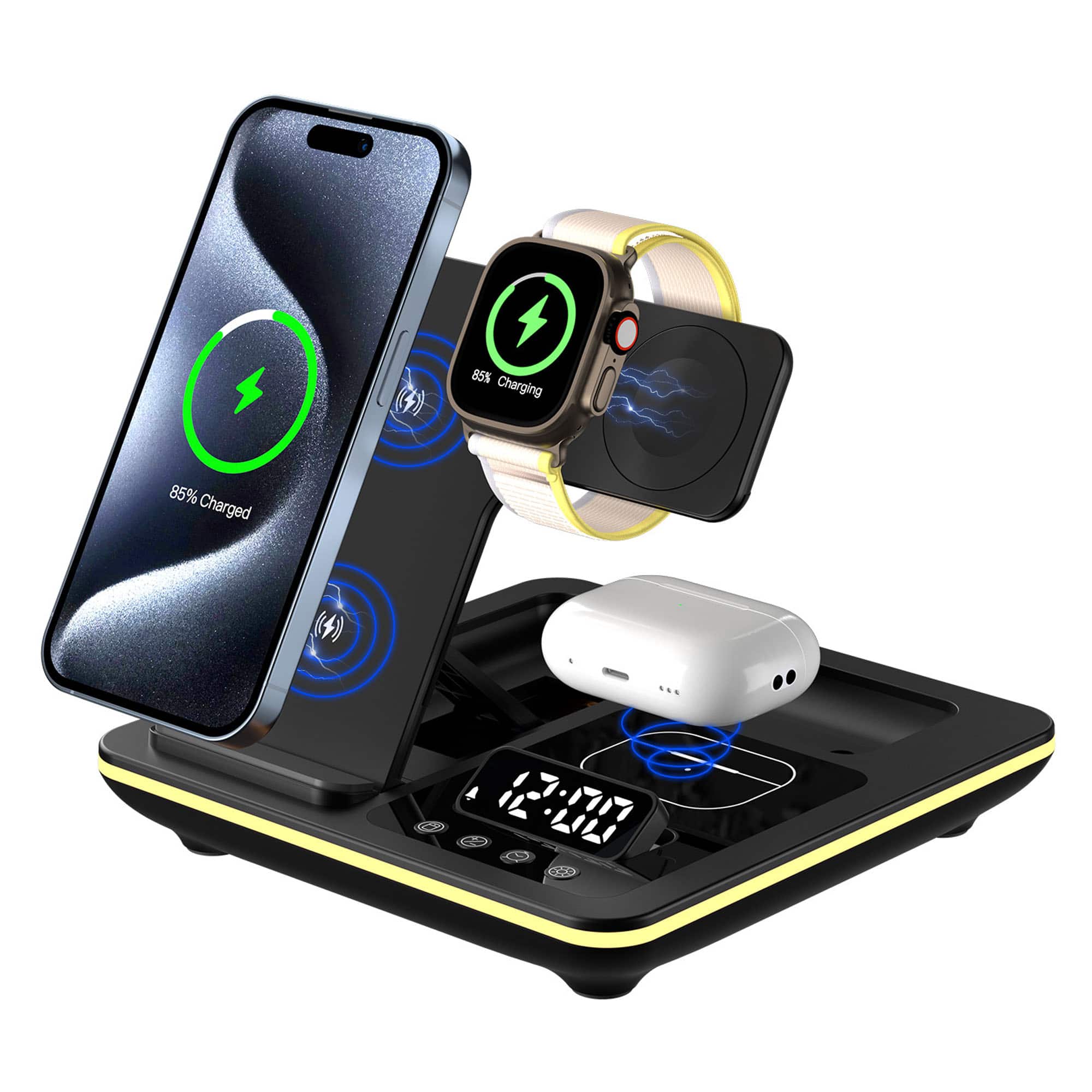 YONWAY - Foldable Wireless Charger Alarm Clock LED Light Dock, 5 in 1 Fast Charging Station for iPhone, Apple Watch, Airpods