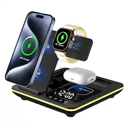 YONWAY - Foldable Wireless Charger Alarm Clock LED Light Dock, 5 in 1 Fast Charging Station for iPhone, Apple Watch, Airpods