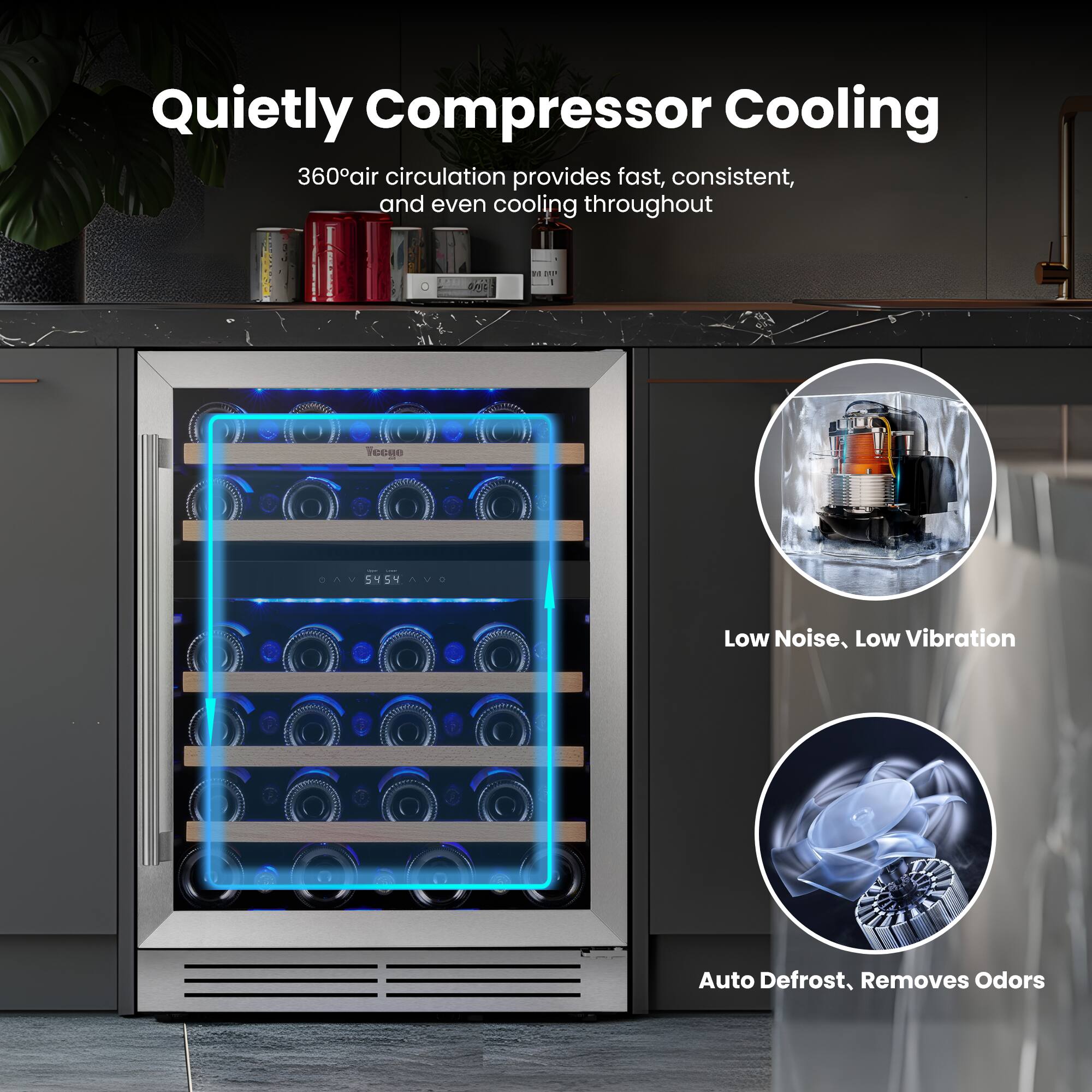 Quietly Compressor Cooling 360° air circulation provides fast, consistent, and even cooling throughout. Low Noise, Low Vibration. Auto Defrost, Removes Odors.