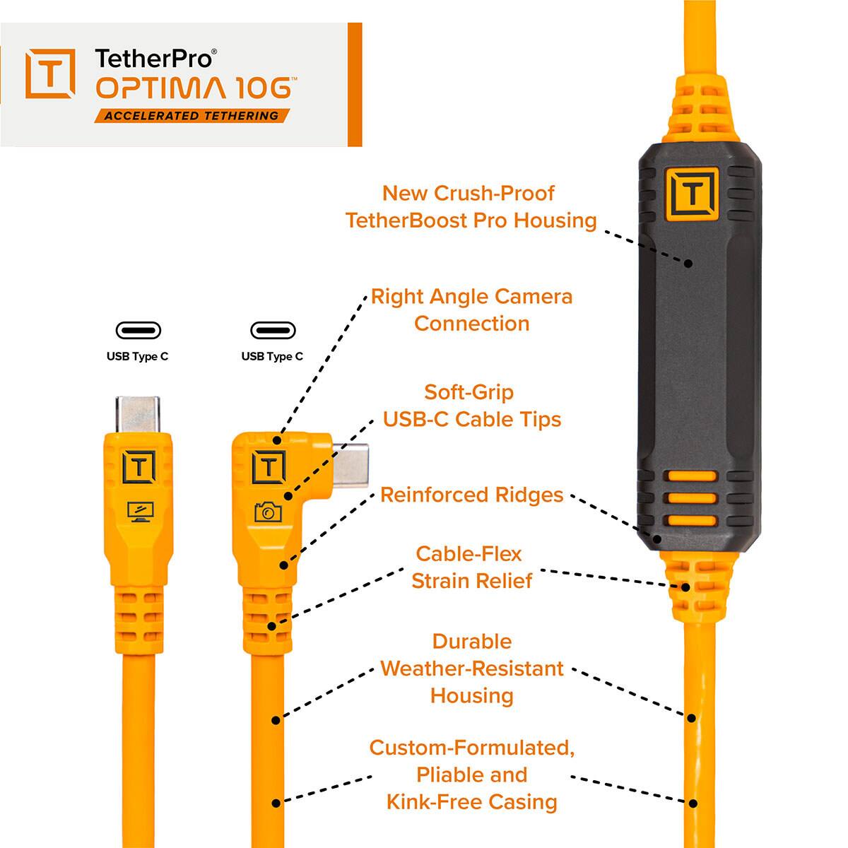 TetherPro OPTIMA 10G ACCELERATED TETHERING

New Crush-Proof TetherBoost Pro Housing

- Right Angle Camera Connection
- USB Type C
- Soft-Grip USB-C Cable Tips
- Reinforced Ridges
- Cable-Flex Strain Relief
- Durable Weather-Resistant Housing
- Custom-Formulated, Pliable and Kink-Free Casing