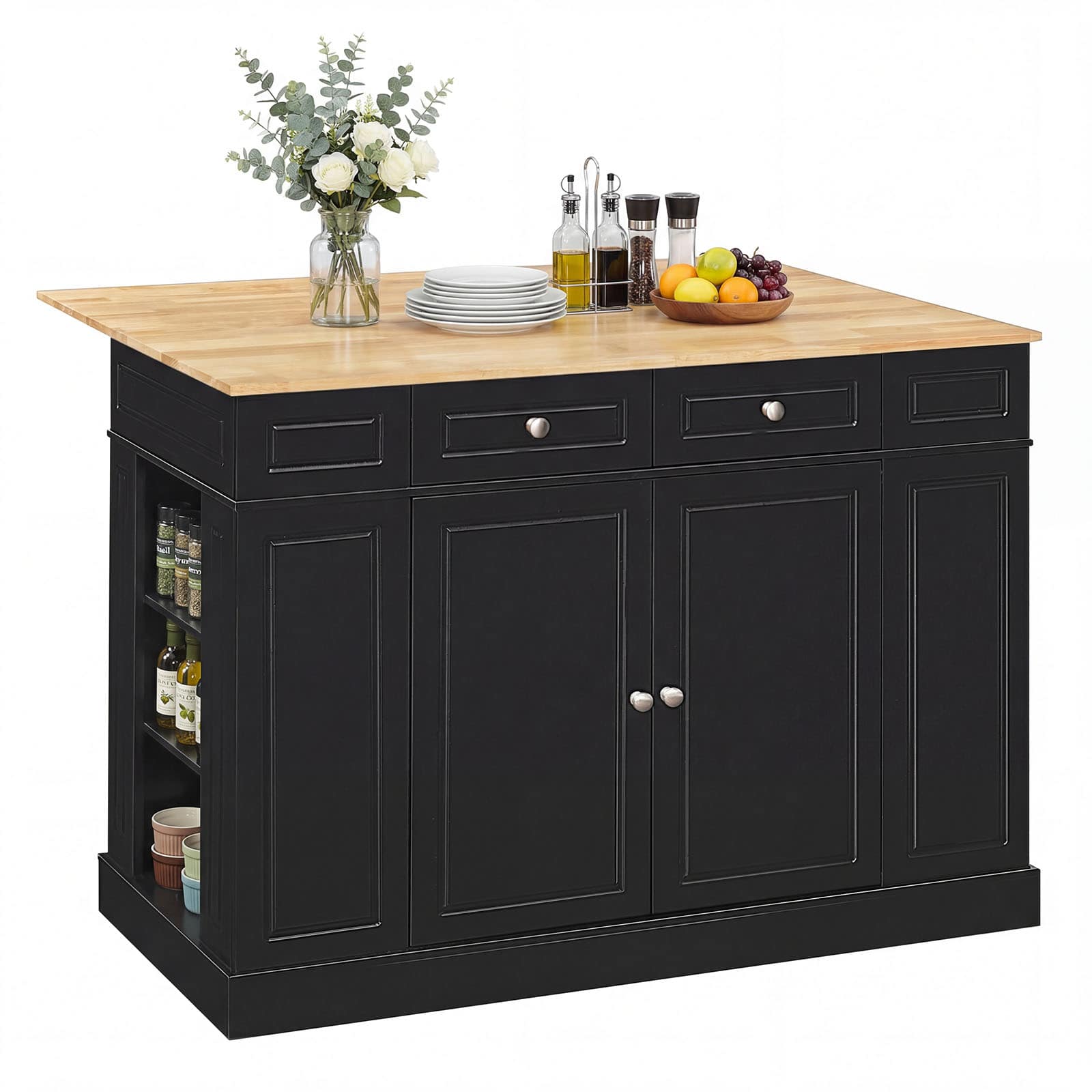 Front. Costway - Kitchen Island with Storage Drop Leaf Breakfast Bar Table with Top Freestanding Buffet Sideboard - Black + Natural.
