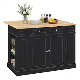 Costway - Kitchen Island with Storage Drop Leaf Breakfast Bar Table with Top Freestanding Buffet Sideboard - Black + Natural