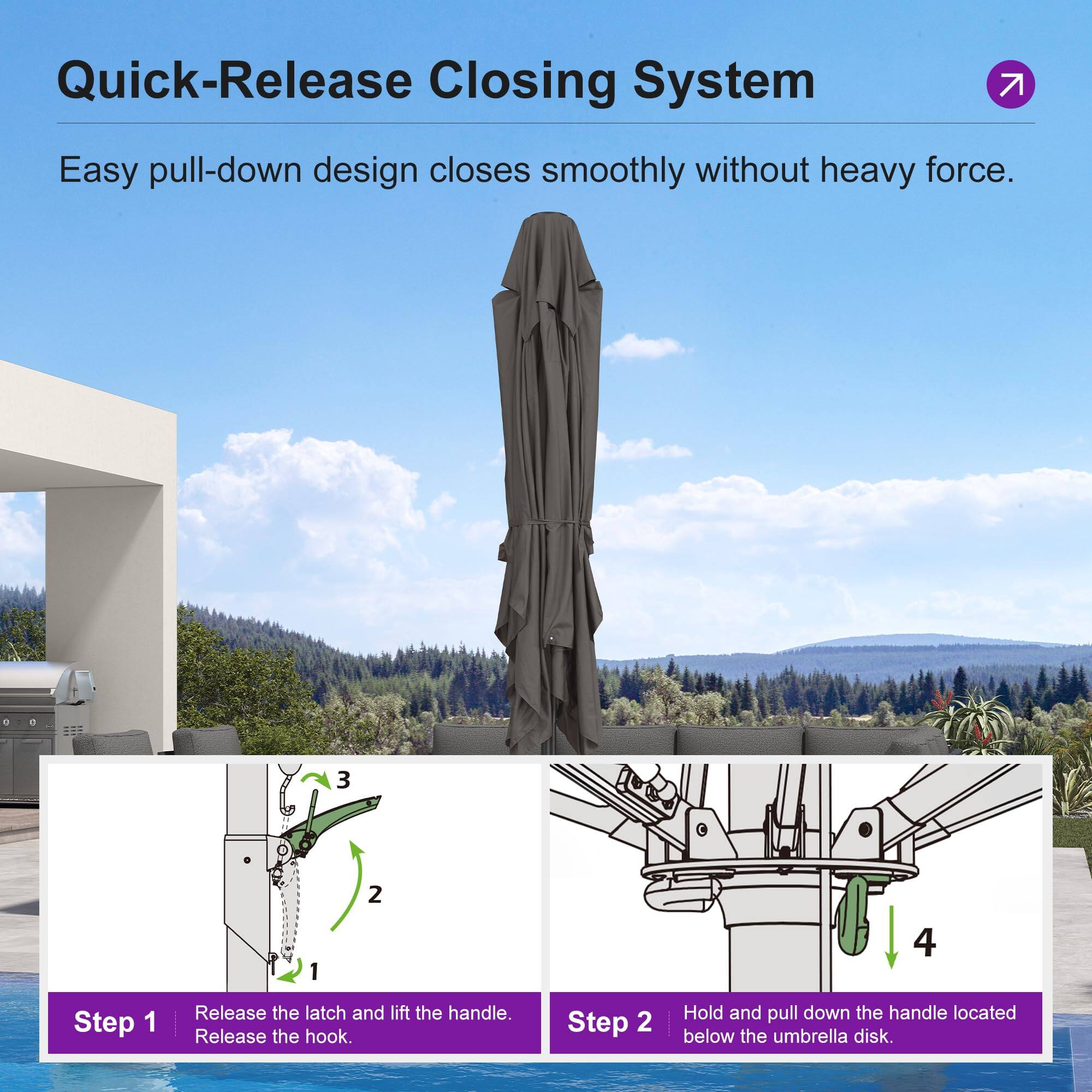 Quick-Release Closing System  
Easy pull-down design closes smoothly without heavy force.  

Step 1  
Release the latch and lift the handle. Release the hook.  

Step 2  
Hold and pull down the handle located below the umbrella disk.