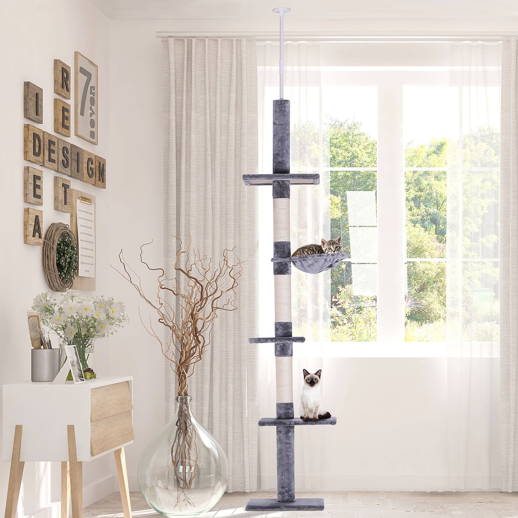 Angle. Pawhut - 102" Adjustable Height Floor to Ceiling Cat Tree, 5 Level Cat Tower with Scratching Posts, Hammock - Grey.