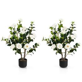 Gymax - 2-Pack 38'' Artificial Camellia Tree Faux Floral Plant for Decoration - White