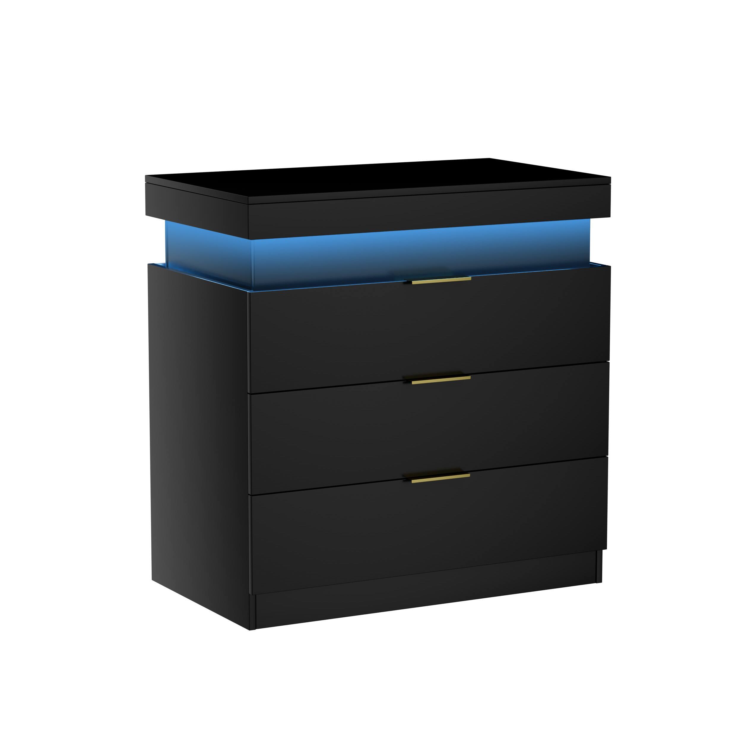 Spaco - Modern 3 Drawers Nightstand with Charging Station, LED Nightstand with Charging Station, LED Lights for Bedroom - Black