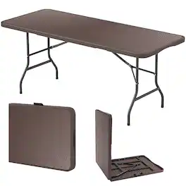 Costway - 350 LBS Fold-in-Half Table with Rattan-Like HDPE Tabletop Safe Lock Mechanism - Brown