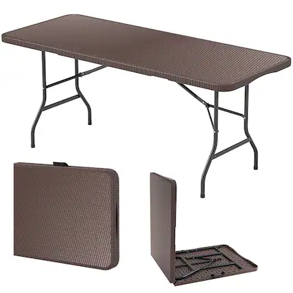 Front. Costway - Costway 350 LBS Fold-in-Half Table with Rattan-Like HDPE Tabletop Safe Lock Mechanism - Brown.