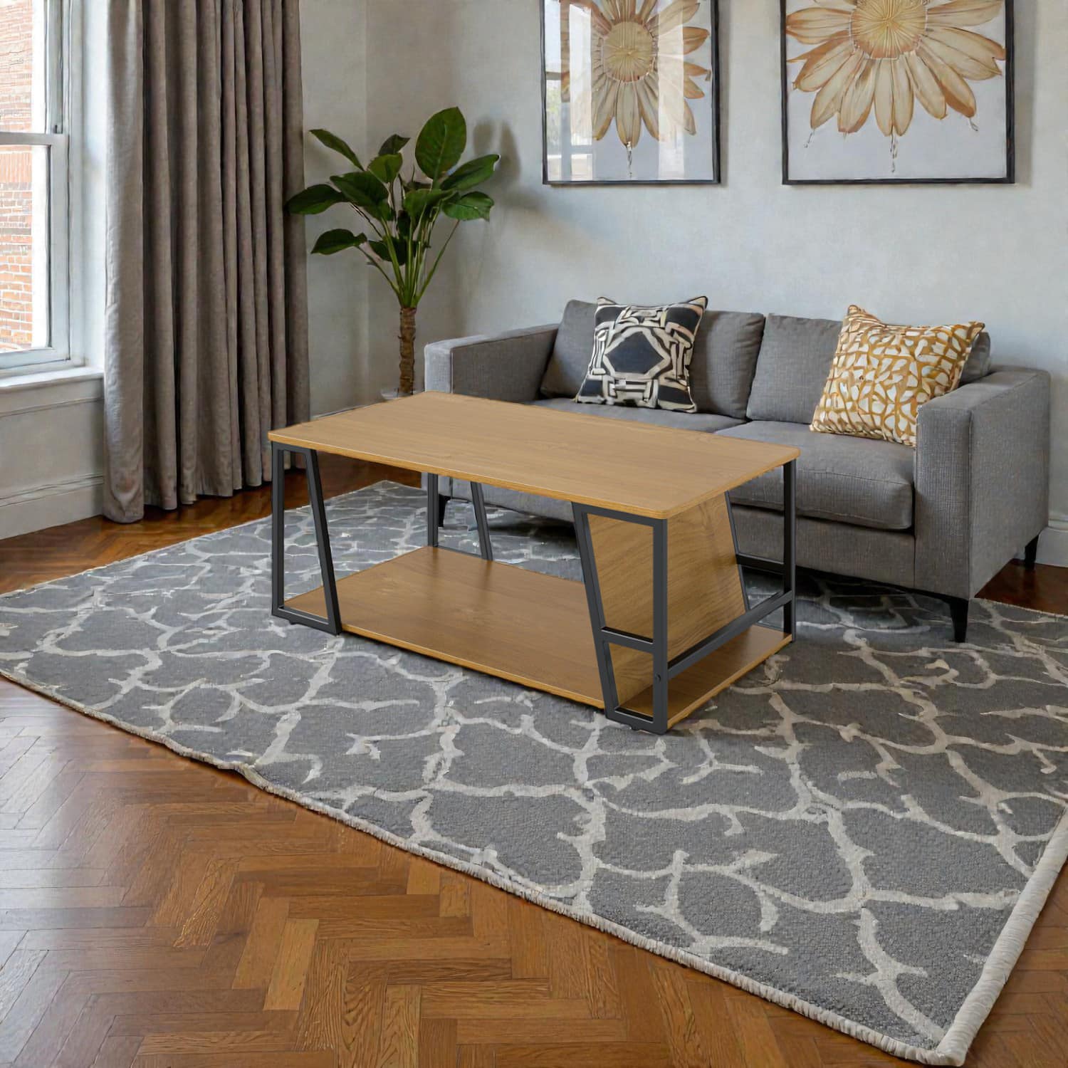 Hivvago - Rectangular Living Room Table with Industrial Frame and Double Storage Space - Natural