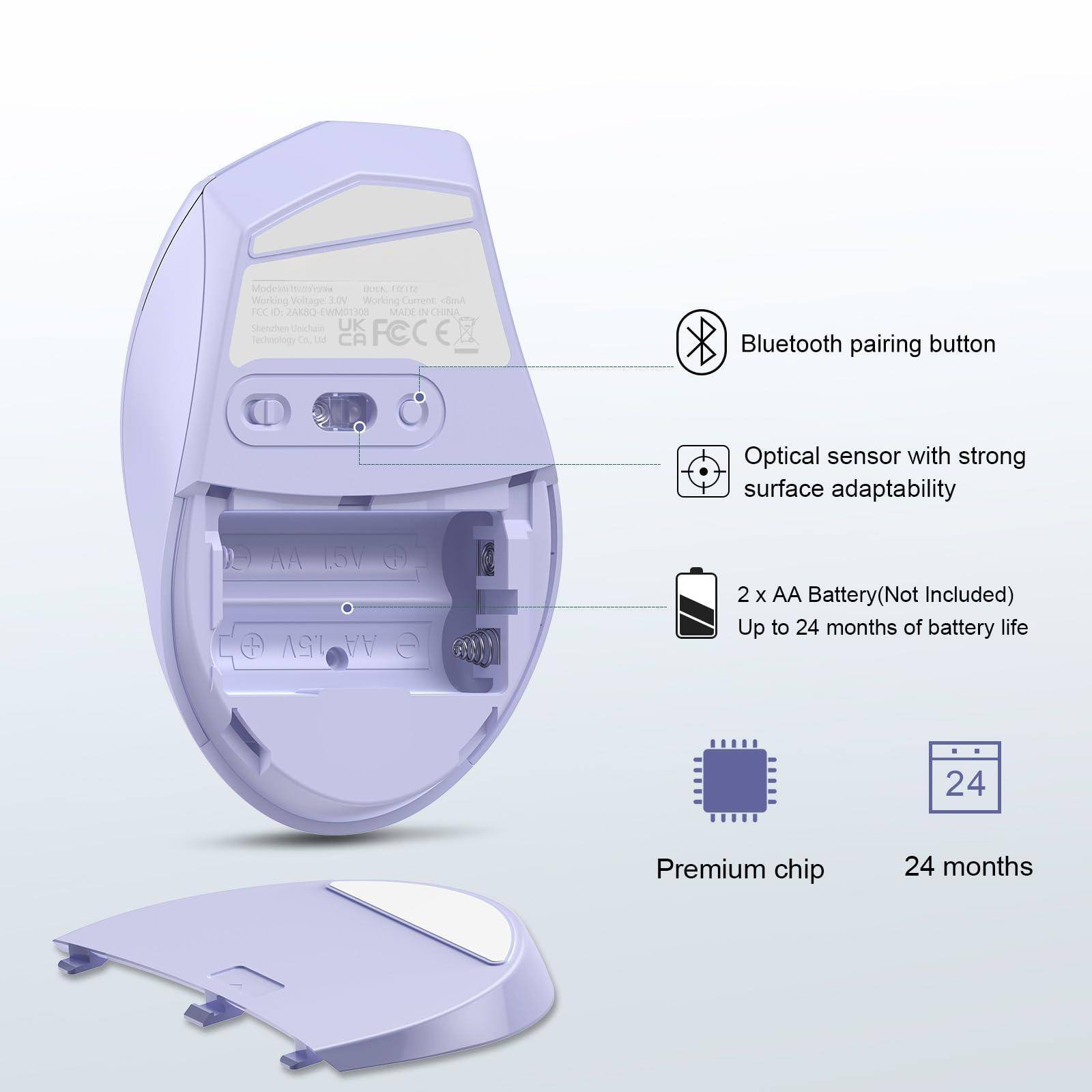 Modelo: E COEK S1M  
Working Voltage: 3.0V  
Working Current: 0.05mA  
MADE IN CHINA  
Shenzhen Unichan UK Technology Co., Ltd  
FCC ID: ZAKQW WM01308  
CE  
Bluetooth pairing button  
Optical sensor with strong surface adaptability  
2 x AA Battery (Not Included)  
Up to 24 months of battery life  
Premium chip  
24 months
