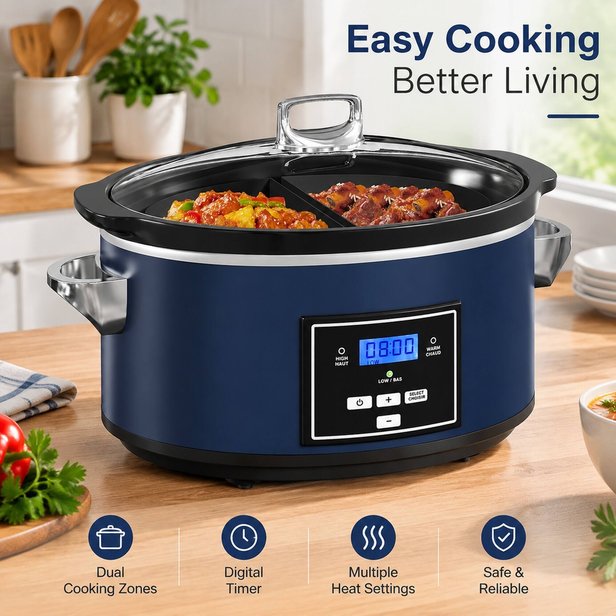 Easy Cooking Better Living

HIGH 08:00 CHAUD WARM HAUT OW LOW BAS SELECT + CHOISIR

Dual Cooking Zones
Digital Timer
Multiple Heat Settings
Safe & Reliable