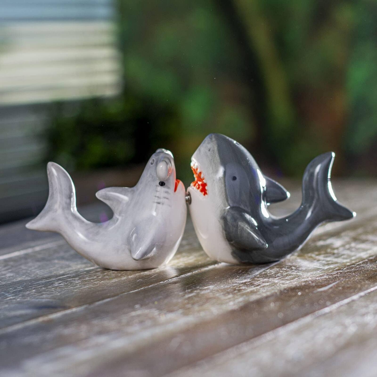 Left. Pacific Trading - Sharks Couple Ceramic Food Salt and Pepper Shakers - Grey.
