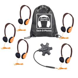 HamiltonBuhl - Galaxy Econo-Line of Sack-O-Phones with 5 Orange Personal-Sized Headphones, Starfish Jackbox and Carry Bag