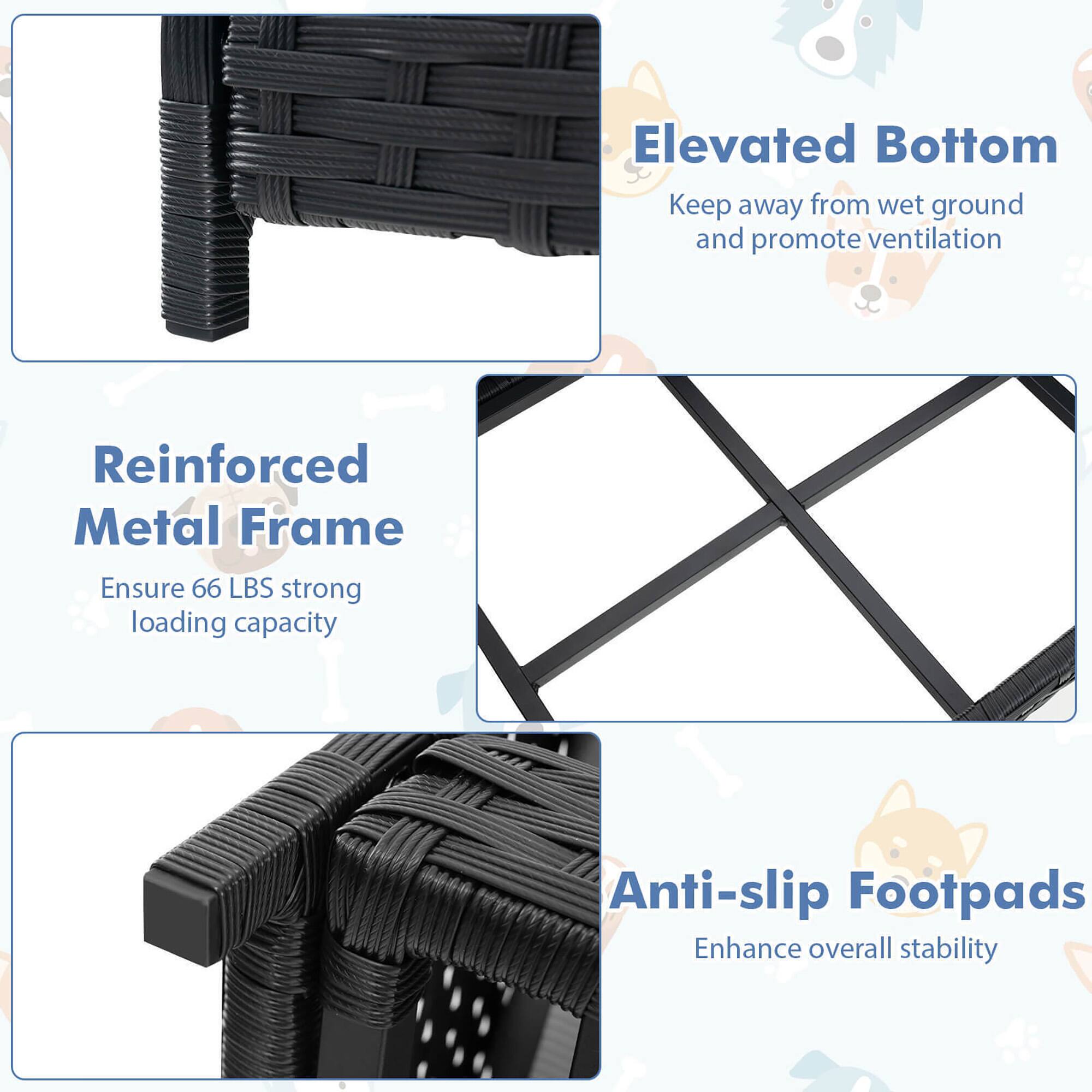 - **Elevated Bottom**
  - Keep away from wet ground and promote ventilation

- **Reinforced Metal Frame**
  - Ensure 66 LBS strong loading capacity

- **Anti-slip Footpads**
  - Enhance overall stability