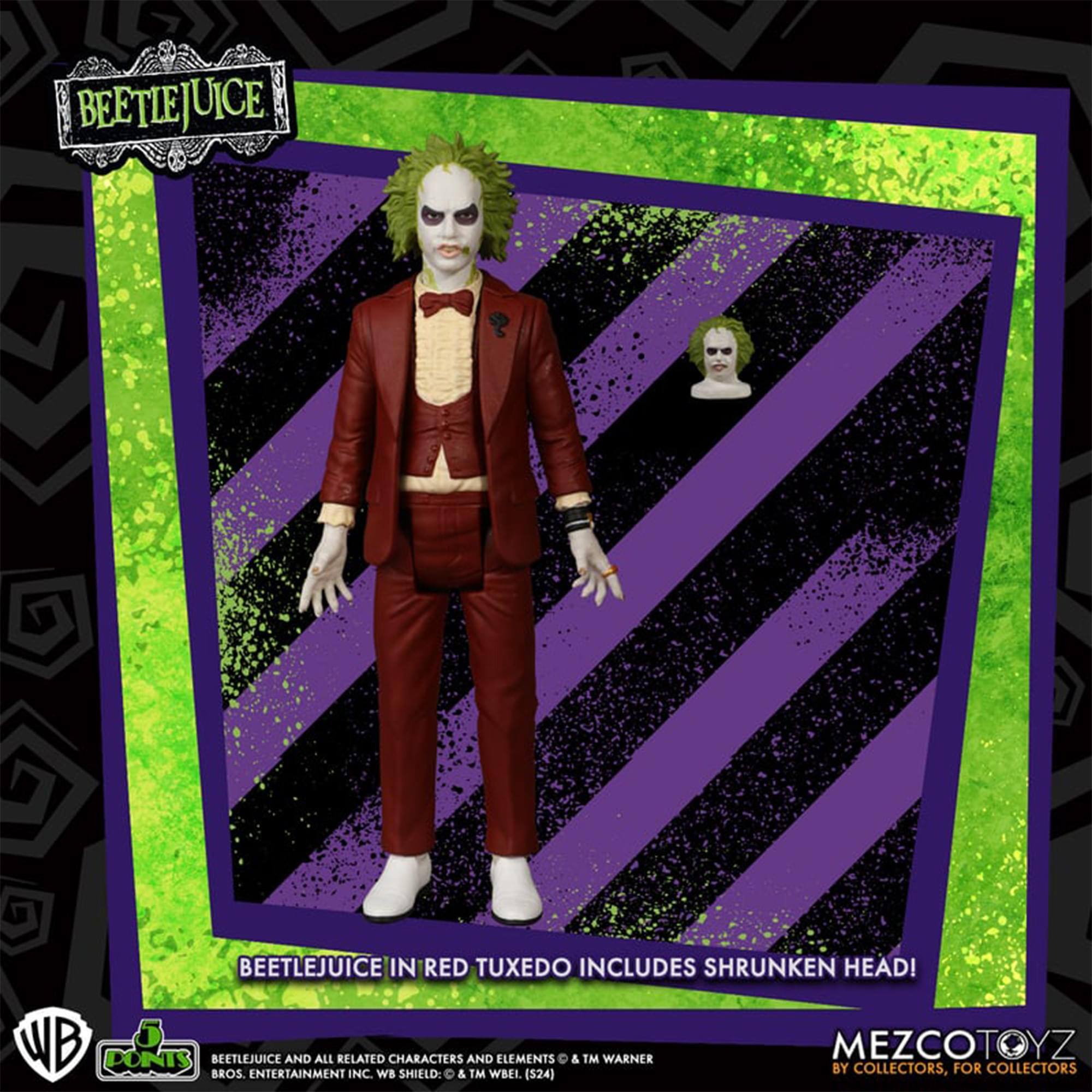 BEETLEJUICE BEETLEJUICE IN RED TUXEDO INCLUDES SHRUNKEN HEAD! WB BEETLEJUICE AND ALL RELATED CHARACTERS AND ELEMENTS & TM WARNER MEZCOTOYZ PONTS BY COLLECTORS, FOR COLLECTORS BROS. ENTERTAINMENT INC. WB SHIELD: & TM WBEL (524)