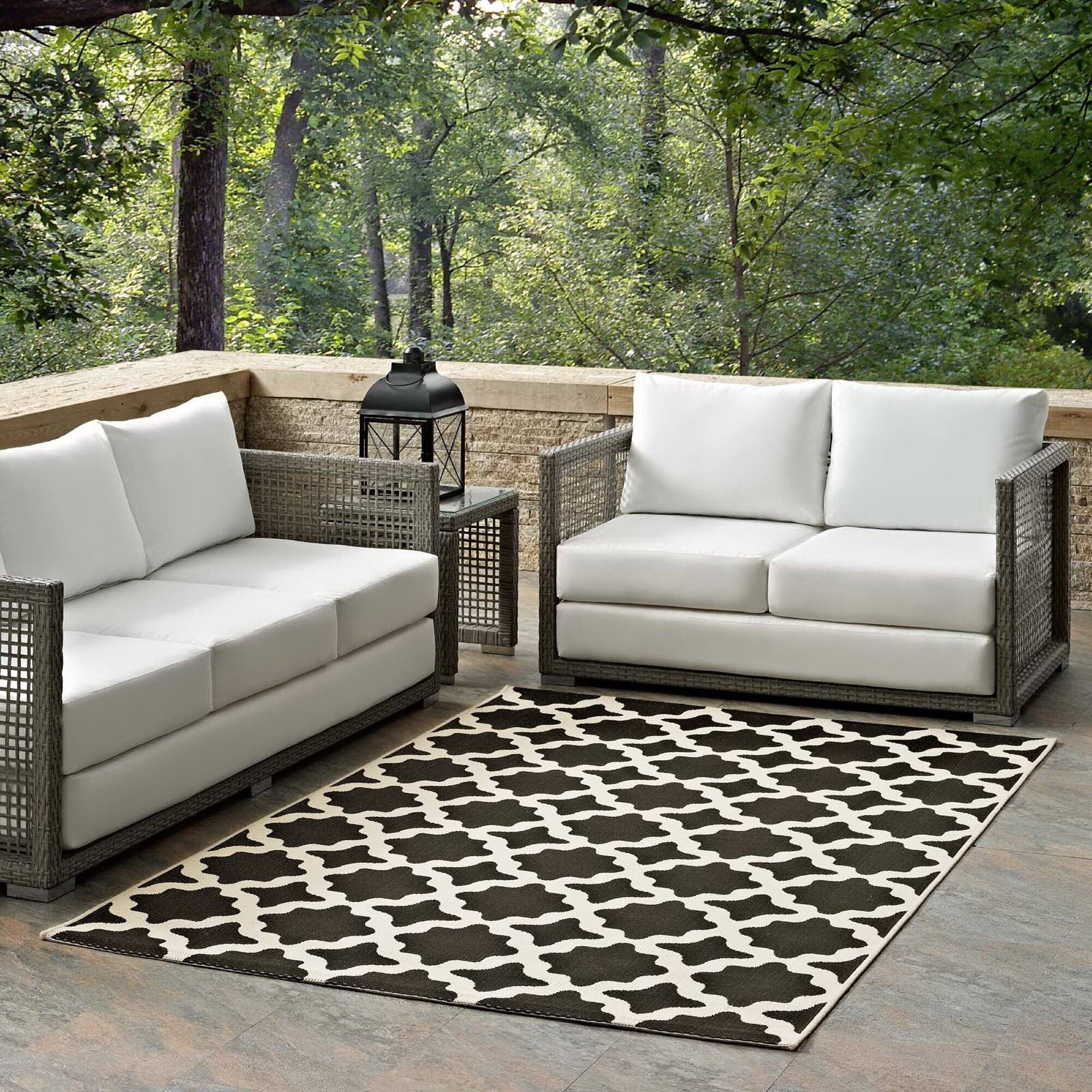 Front. Modway - Cerelia Moroccan Trellis Indoor and Outdoor Area Rug - Black and Beige.