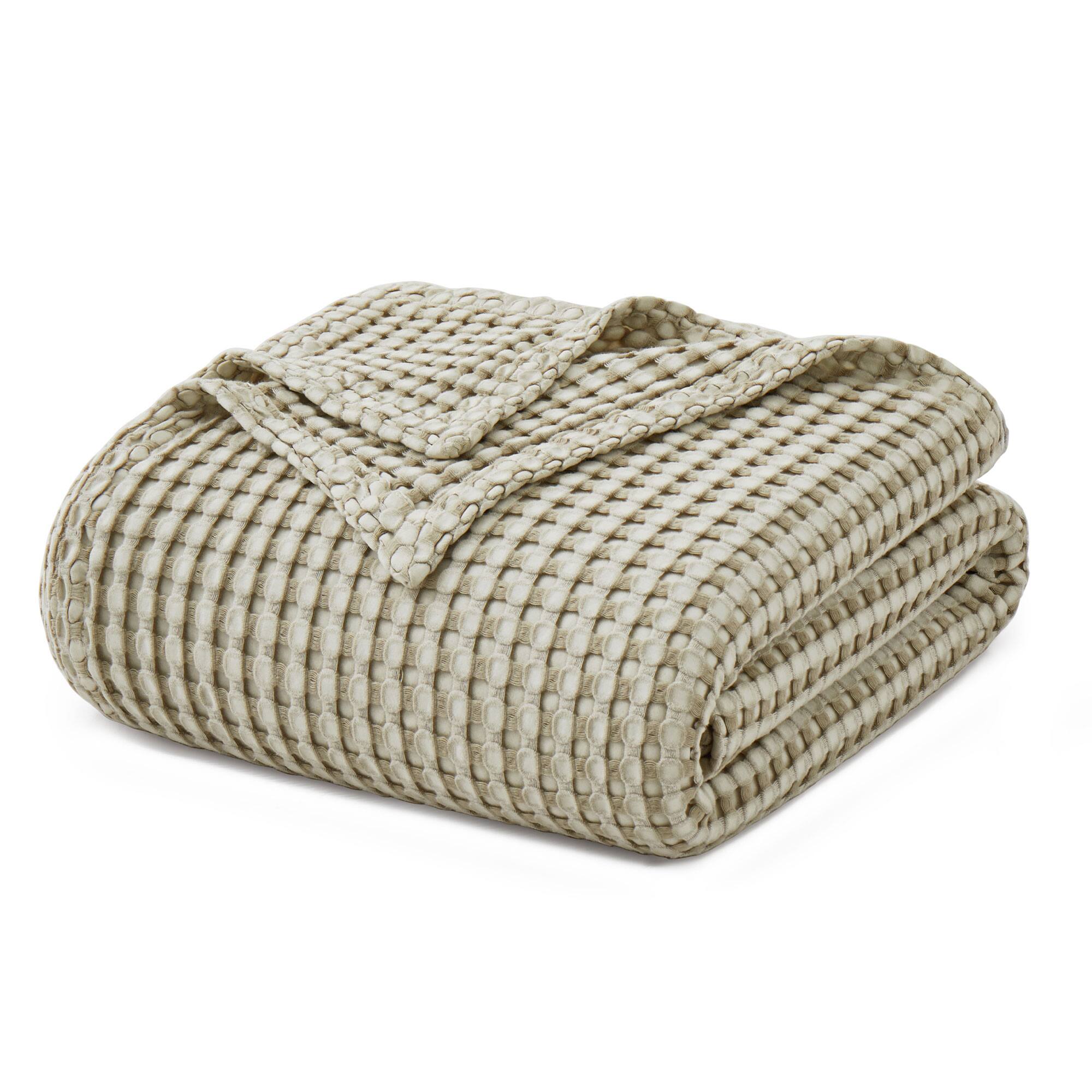 Left. Puredown - Puredown Organic Cotton Soft Lightweight Waffle Weave Bed Blanket,  Breathable Textured Blanket, Beige, 90" x 90" - Beige.