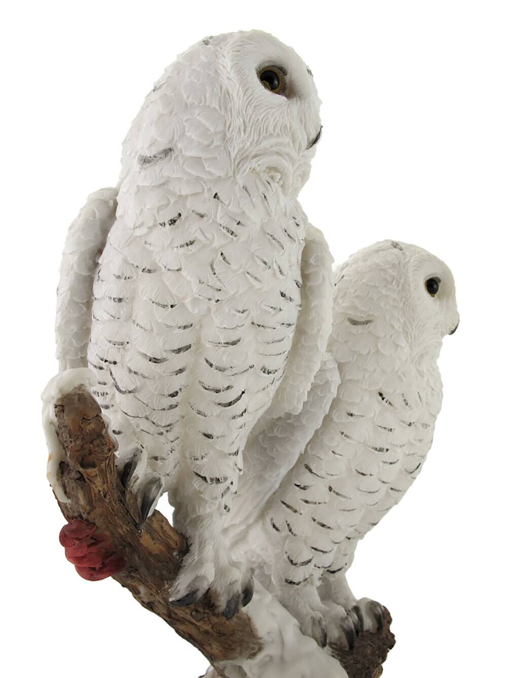 Alt View 3. Zeckos - Pair of Snow Owls on a Branch Statue - White.