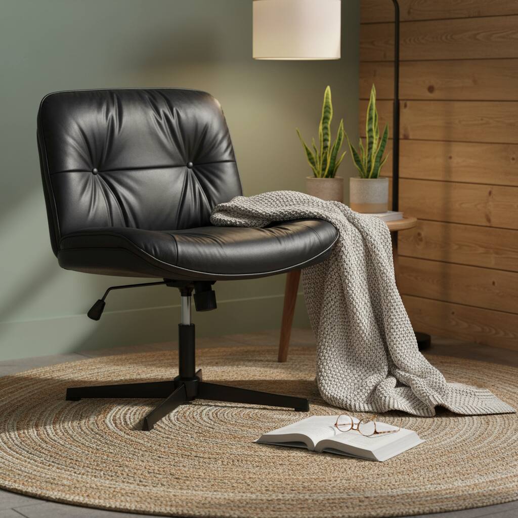 Alt View 6. AOITUN - Armless-Office Desk Chair Without Wheels, Cross Legged Wide Chair, PU Leather Comfortable Adjustable Swivel, Black - Black.